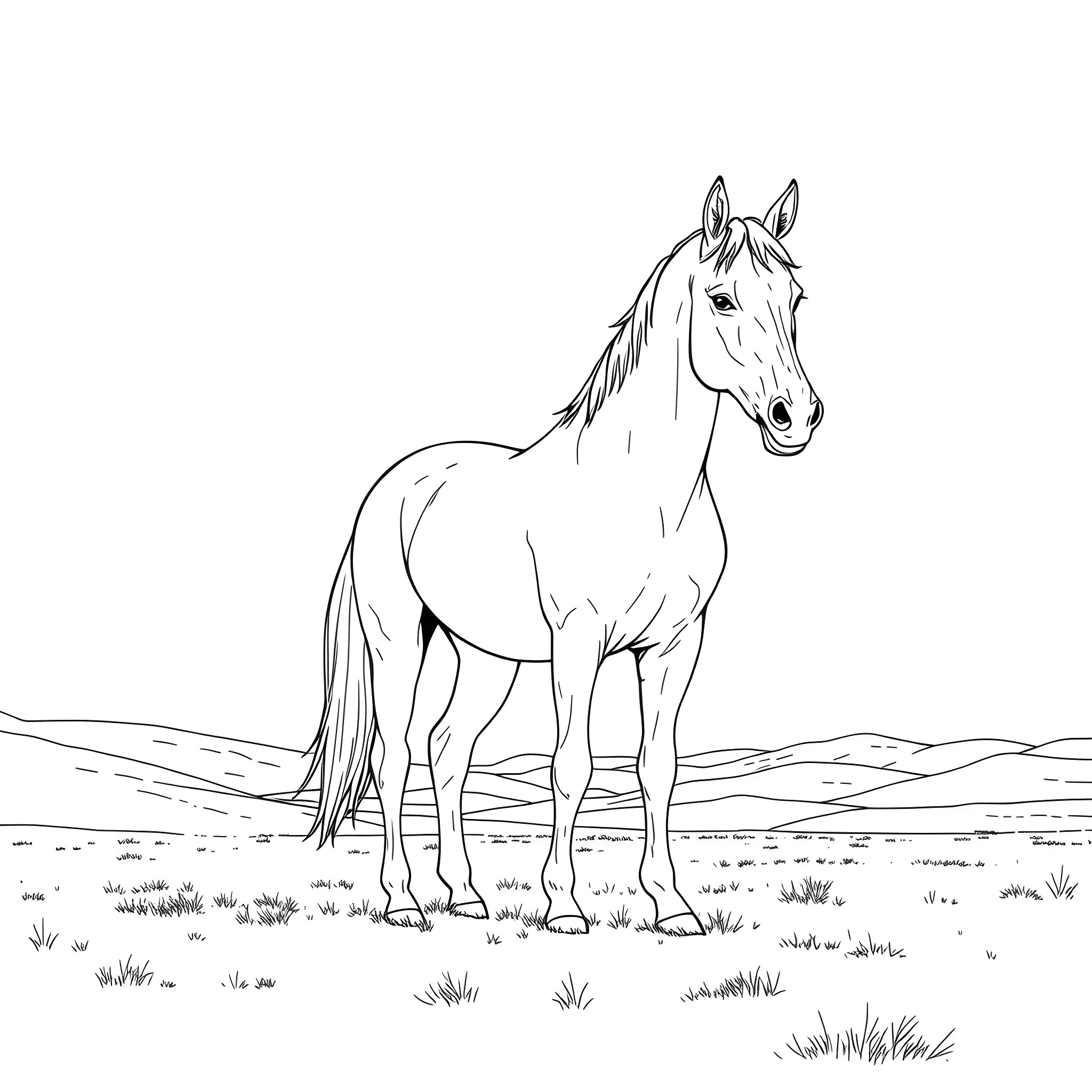 Horse standing in a peaceful meadow Coloring Page (free black-and-white line drawing printable PDF for all, from beginners to advanced learners, including children, teens, adults, and seniors)