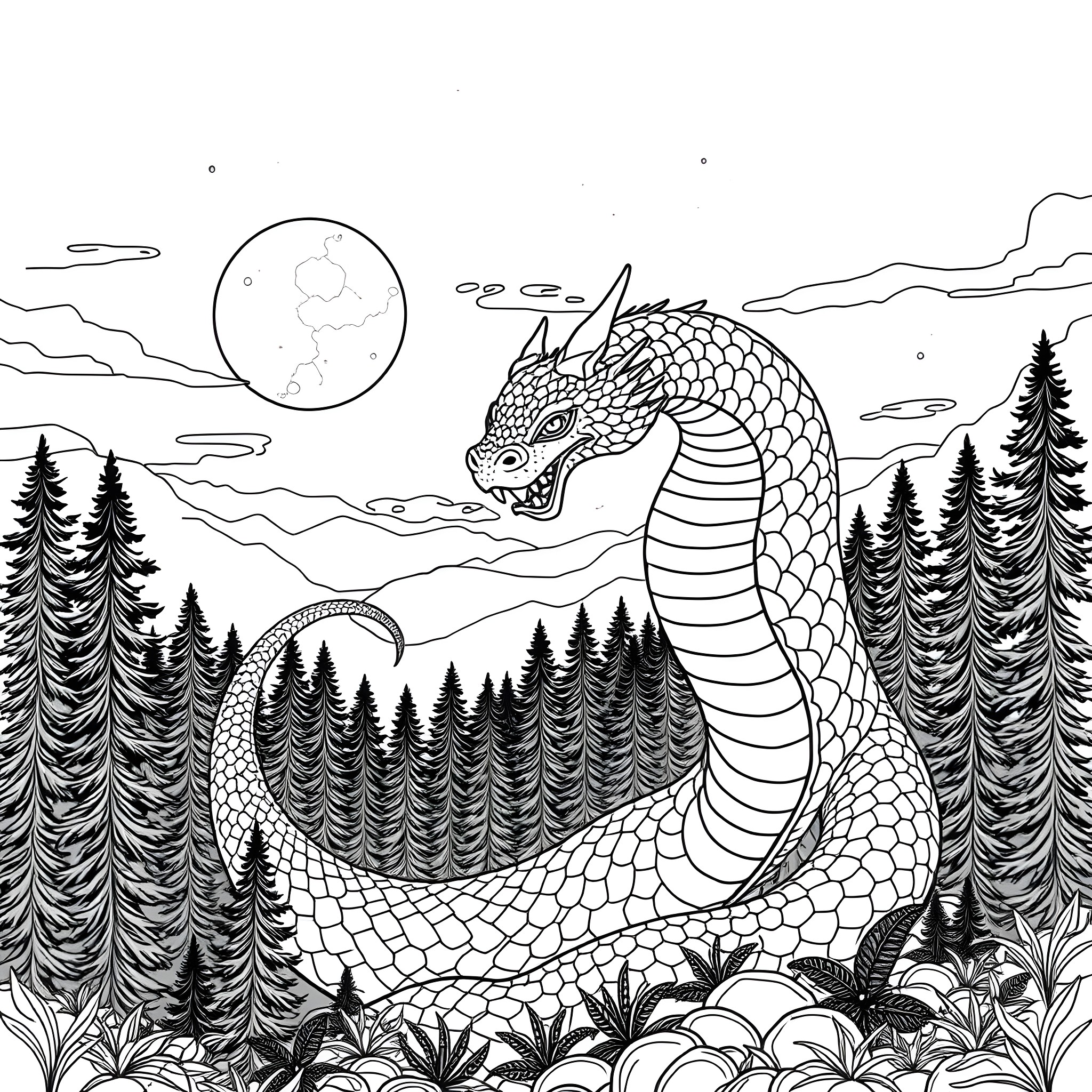 Uktena, the Serpent Guardian of the Forest Coloring Page (free black-and-white line drawing printable PDF for all, from beginners to advanced learners, including children, teens, adults, and seniors)