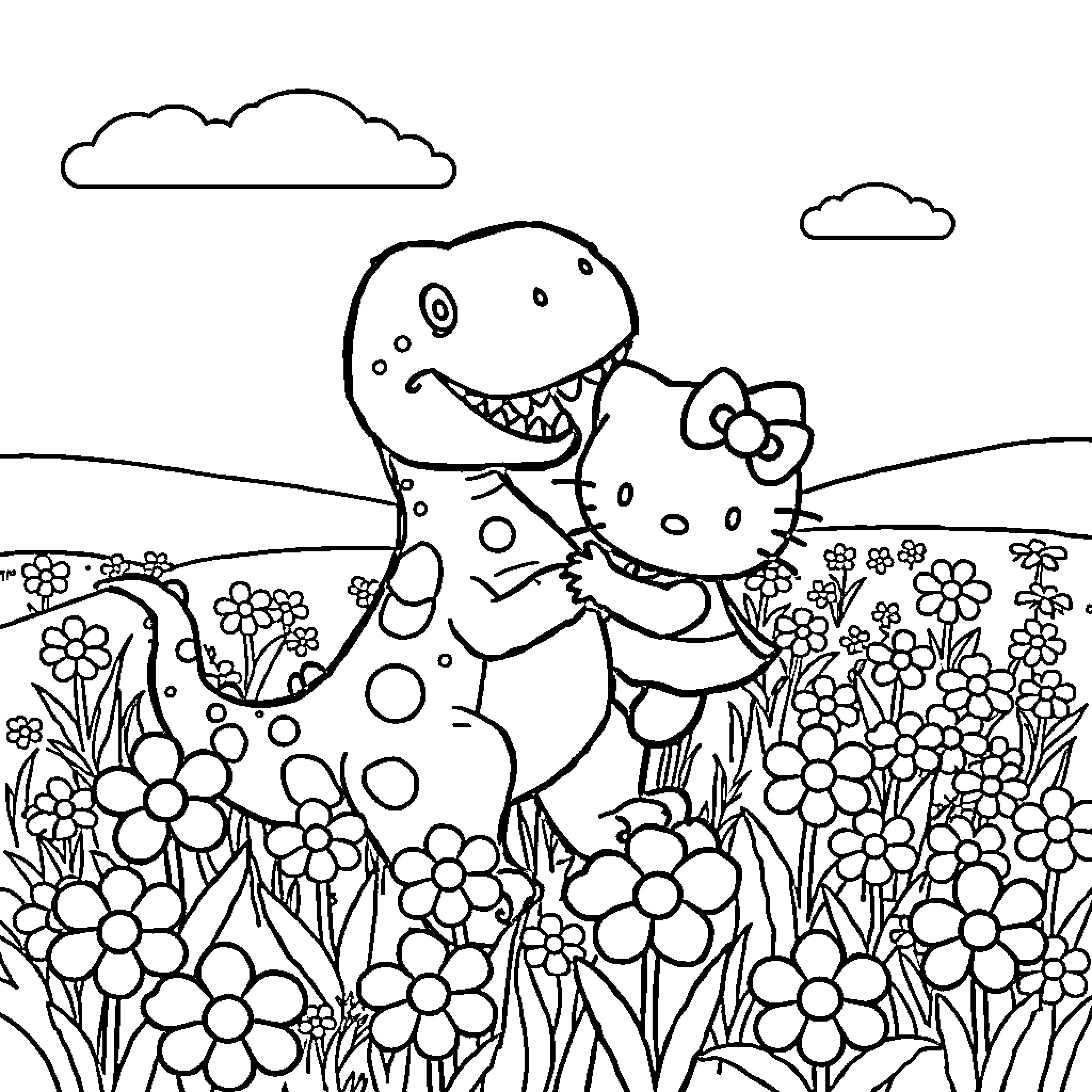 Dinosaur and Hello Kitty playing in a flower field Coloring Page (free black-and-white line drawing printable PDF for all, from beginners to advanced learners, including children, teens, adults, and seniors)