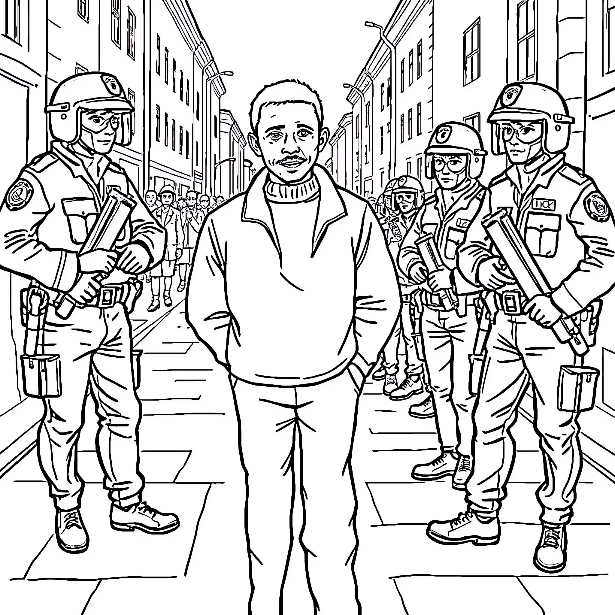 Man Surrounded by Police Officers in Uniform Coloring Page (free black-and-white line drawing printable PDF for all, from beginners to advanced learners, including children, teens, adults, and seniors)