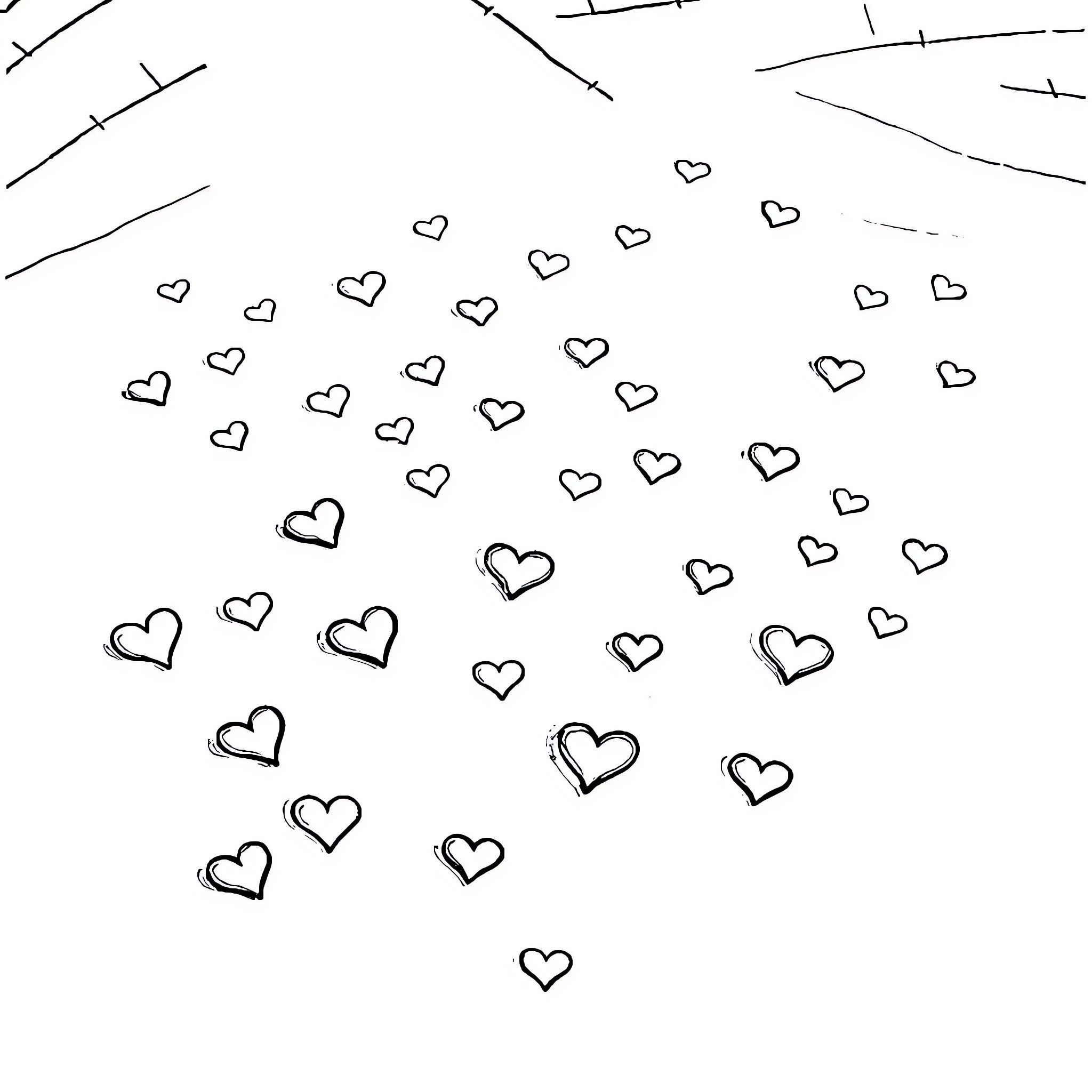 Heart-shaped symbols falling from the sky Coloring Page (free black-and-white line drawing printable PDF for all, from beginners to advanced learners, including children, teens, adults, and seniors)