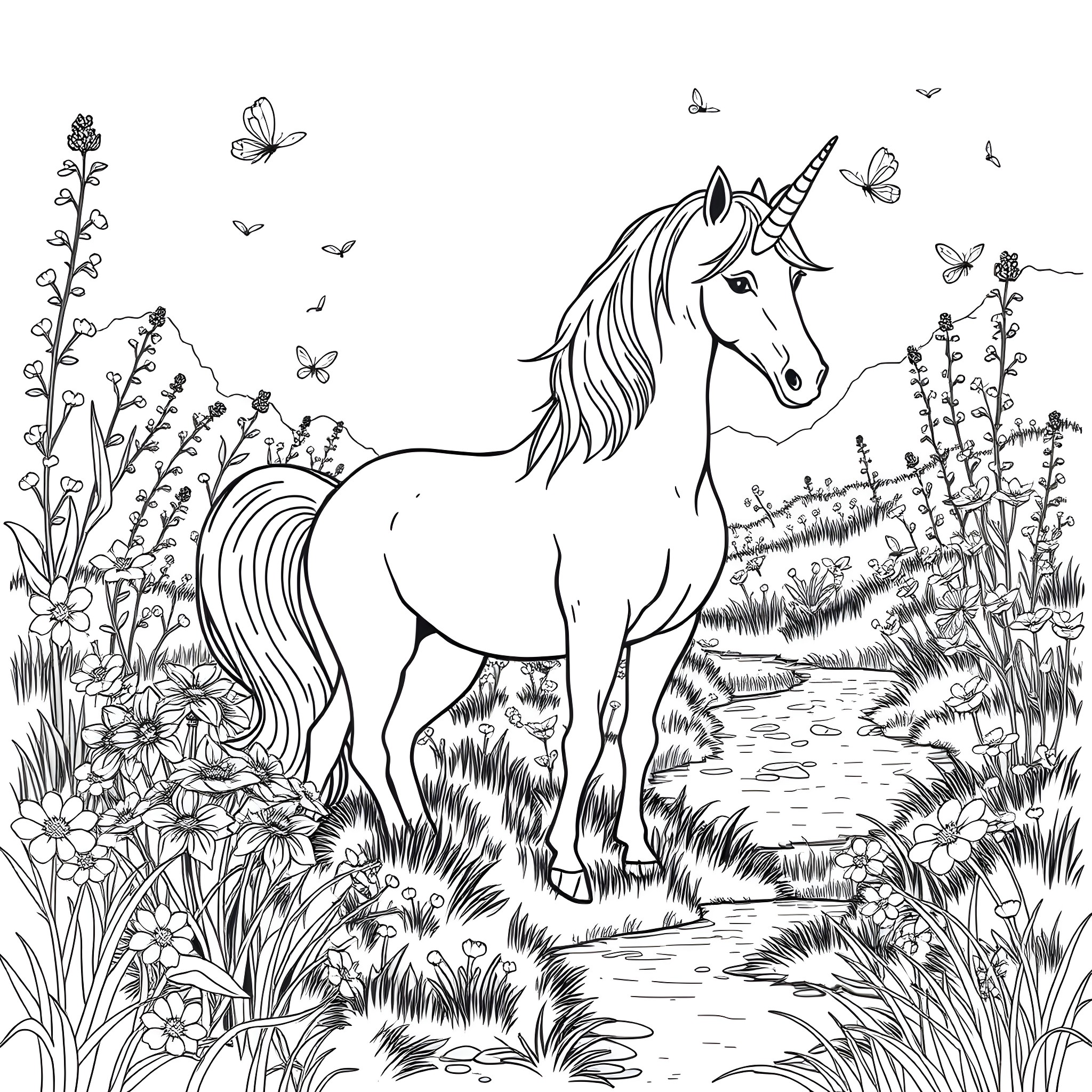 Unicorn in a Magical Floral Meadow Coloring Page (free black-and-white line drawing printable PDF for all, from beginners to advanced learners, including children, teens, adults, and seniors)
