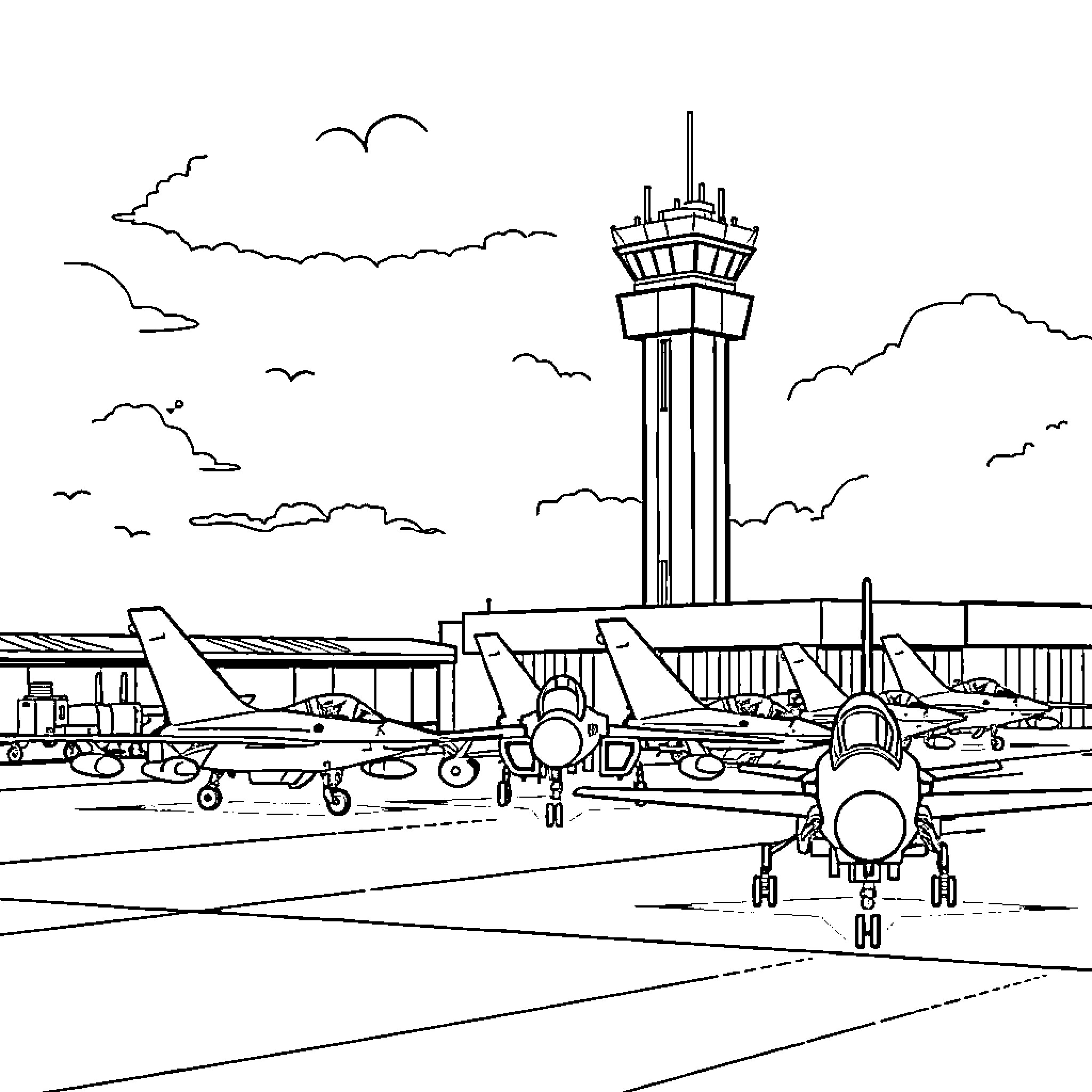 RAF Station with Aircraft and Control Tower Coloring Page (free black-and-white line drawing printable PDF for all, from beginners to advanced learners, including children, teens, adults, and seniors)