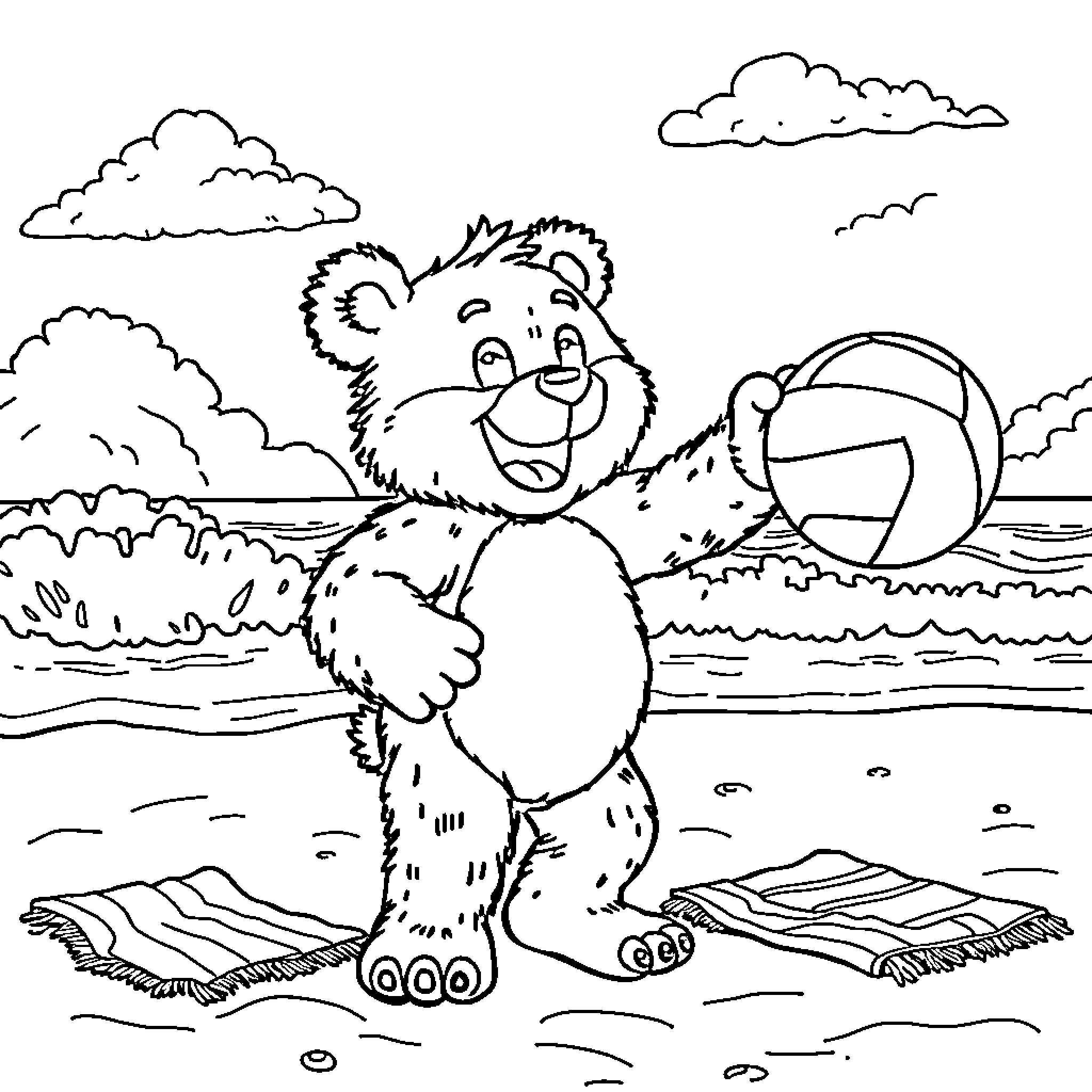 Freddy Fazbear playing with a ball on the beach Coloring Page (free black-and-white line drawing printable PDF for all, from beginners to advanced learners, including children, teens, adults, and seniors)