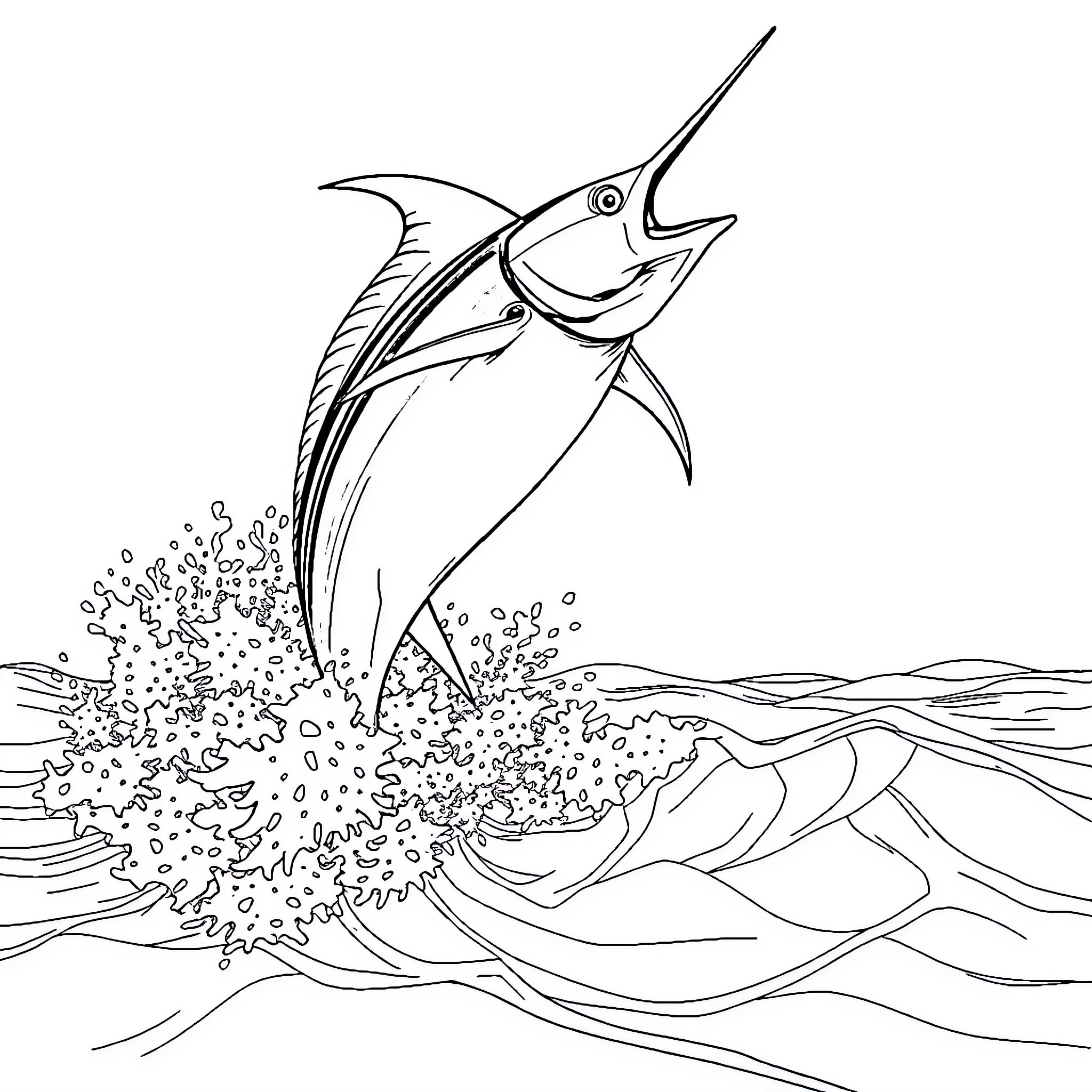 Marlin leaping through the waves Coloring Page (free black-and-white line drawing printable PDF for all, from beginners to advanced learners, including children, teens, adults, and seniors)