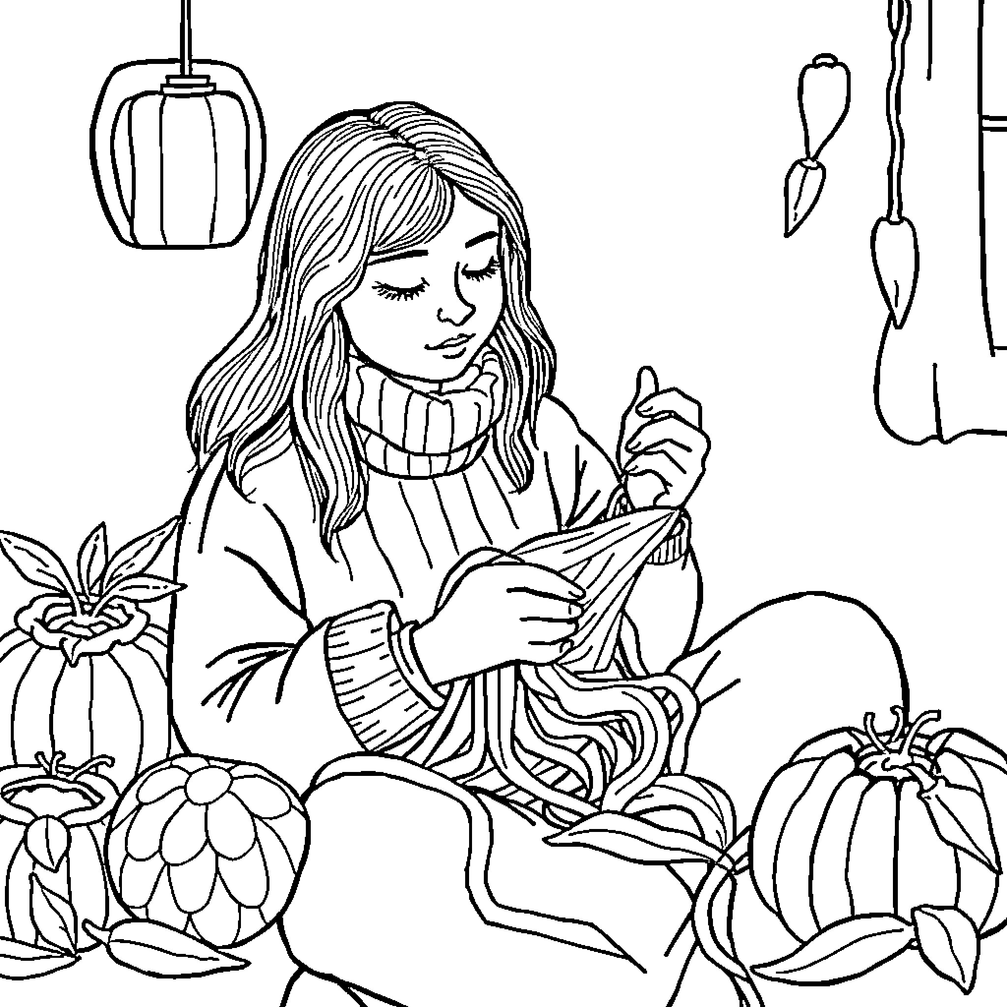 Chili girl harvesting vegetables in the garden Coloring Page (free black-and-white line drawing printable PDF for all, from beginners to advanced learners, including children, teens, adults, and seniors)