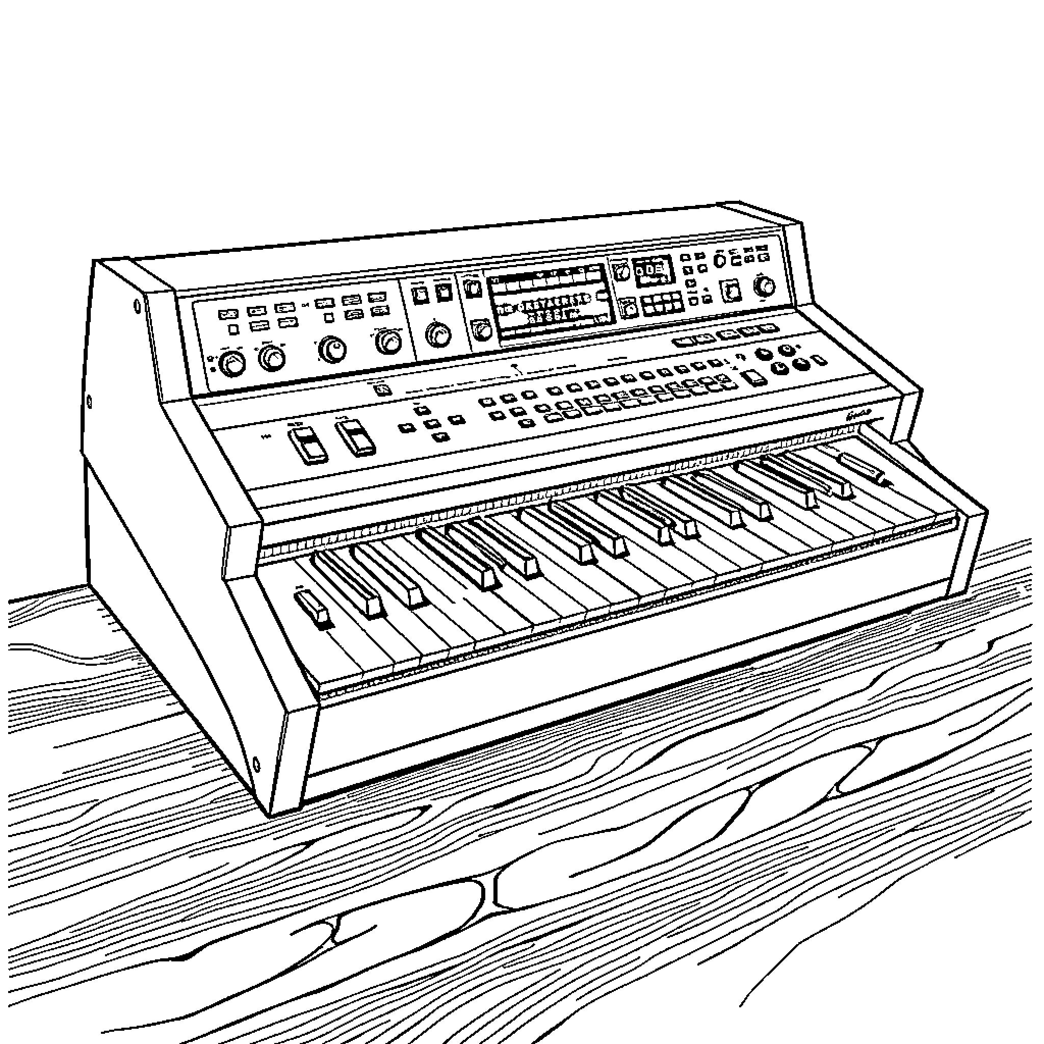 Synth Music Maker on Wooden Surface Coloring Page (free black-and-white line drawing printable PDF for all, from beginners to advanced learners, including children, teens, adults, and seniors)