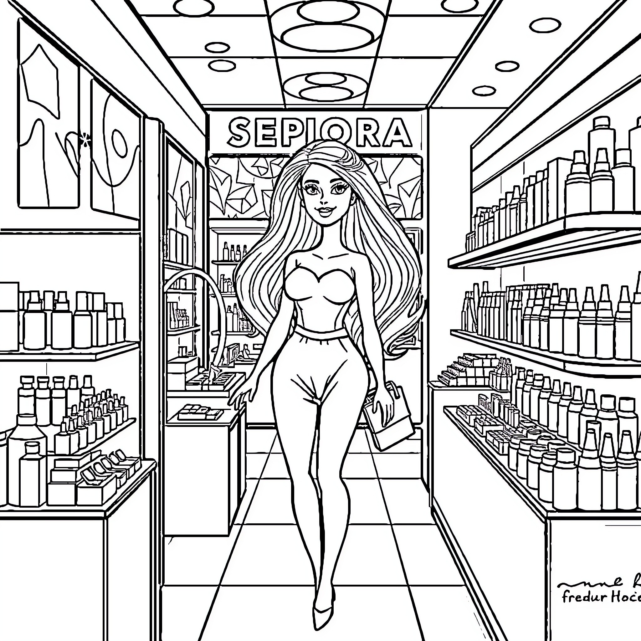 Barbie Shopping for Beauty Products at Sephora Coloring Page (free black-and-white line drawing printable PDF for all, from beginners to advanced learners, including children, teens, adults, and seniors)