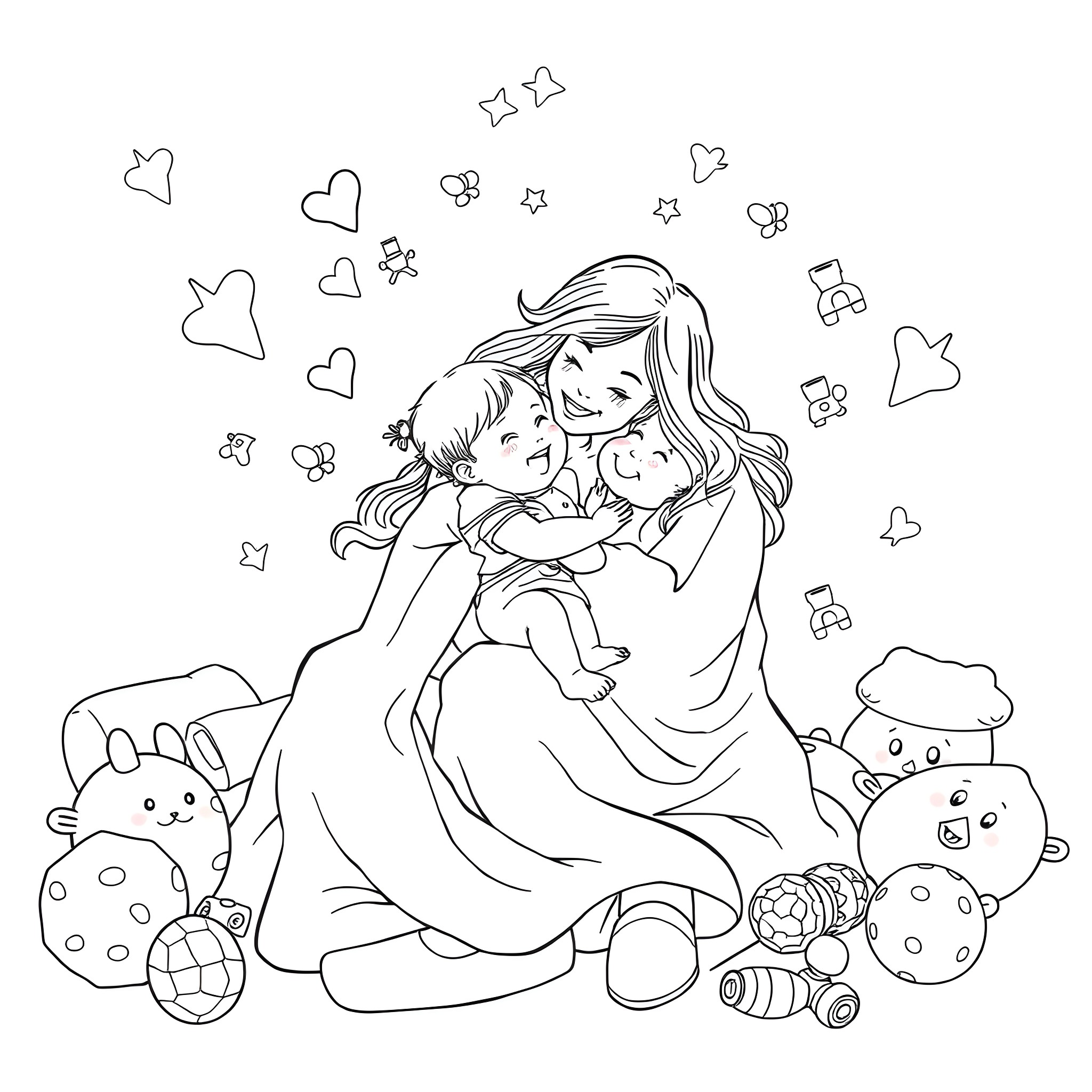 Tangled in a Tender Embrace: Mother and Child Coloring Page (free black-and-white line drawing printable PDF for all, from beginners to advanced learners, including children, teens, adults, and seniors)