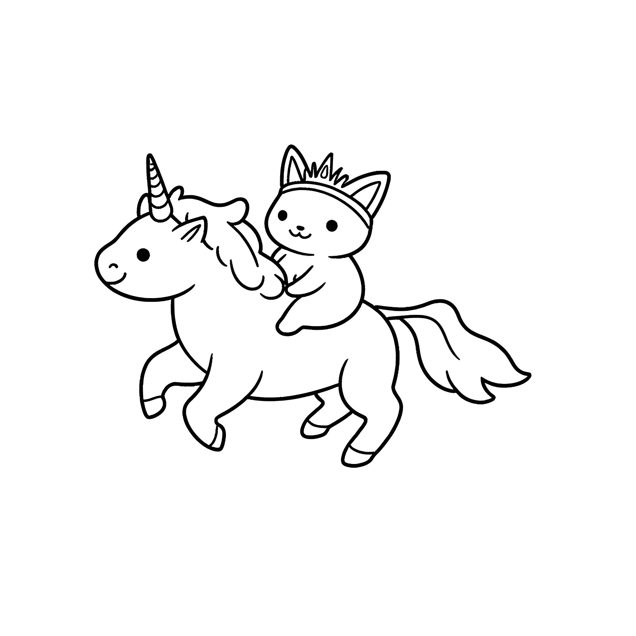 Axolotl riding a unicorn Coloring Page (free black-and-white line drawing printable PDF for all, from beginners to advanced learners, including children, teens, adults, and seniors)