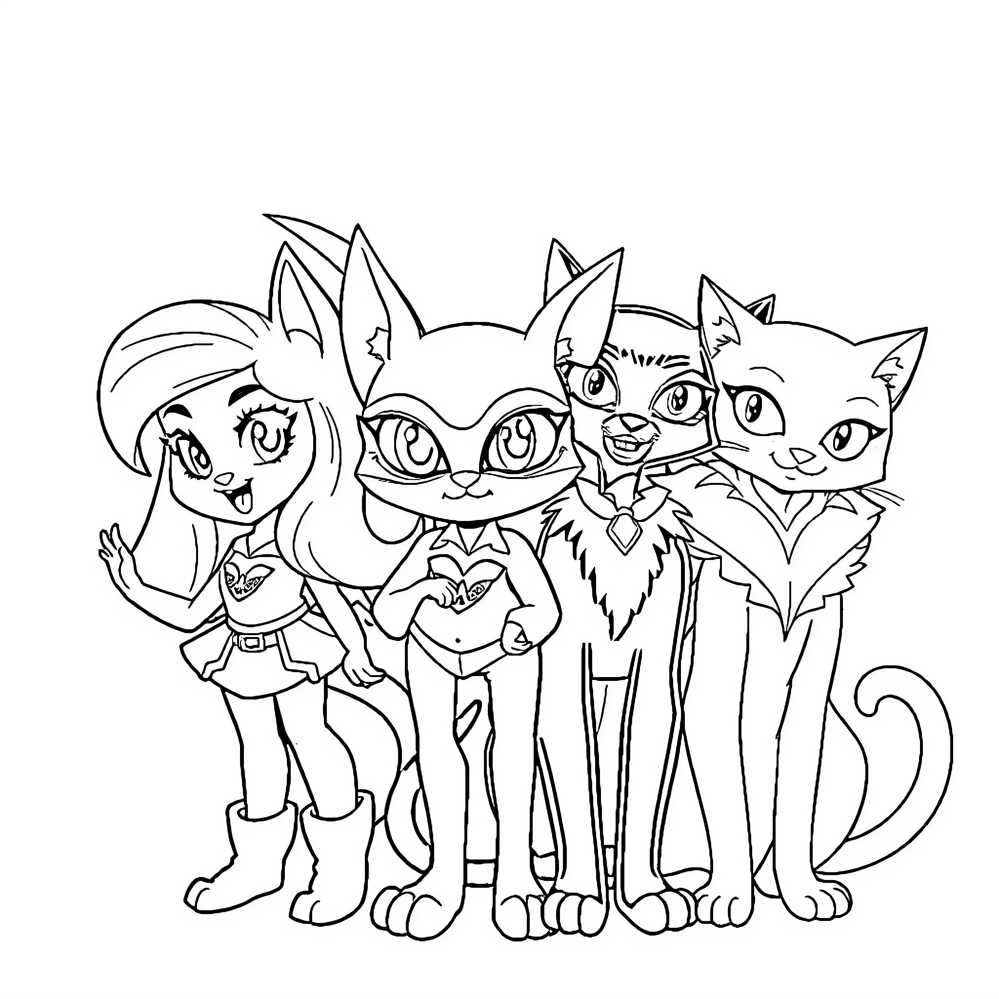 Character group of cartoon animals in playful poses Coloring Page (free black-and-white line drawing printable PDF for all, from beginners to advanced learners, including children, teens, adults, and seniors)