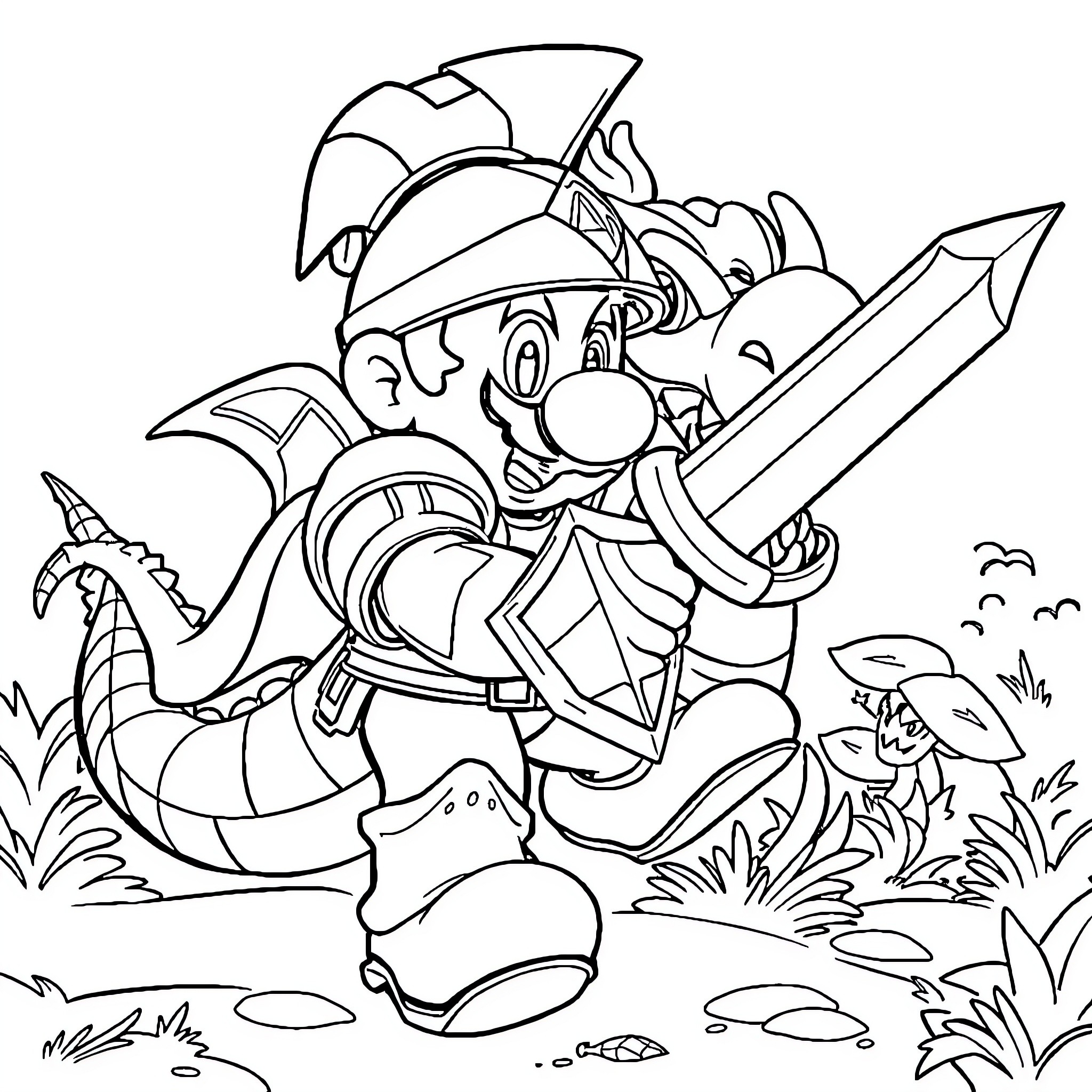 Mario Battles a Fierce Dragon in the Wilderness Coloring Page (free black-and-white line drawing printable PDF for all, from beginners to advanced learners, including children, teens, adults, and seniors)