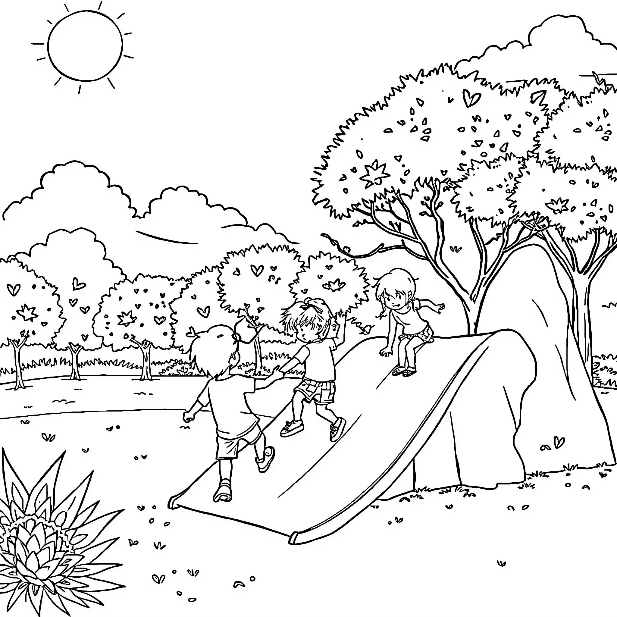 Niños enjoying a sunny day outdoors Coloring Page (free black-and-white line drawing printable PDF for all, from beginners to advanced learners, including children, teens, adults, and seniors)