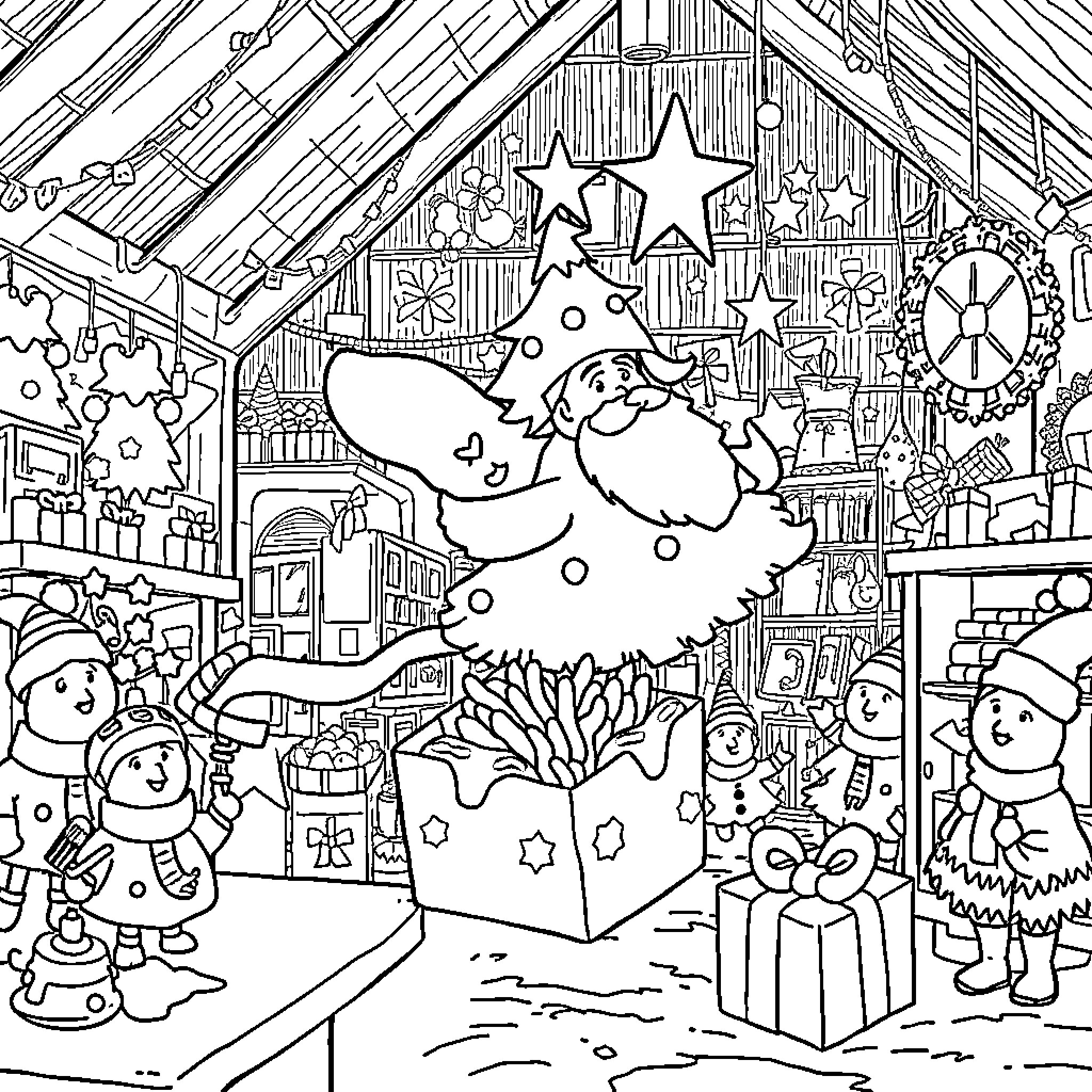 Sapin - Festive Holiday Celebration with Decorations Coloring Page (free black-and-white line drawing printable PDF for all, from beginners to advanced learners, including children, teens, adults, and seniors)