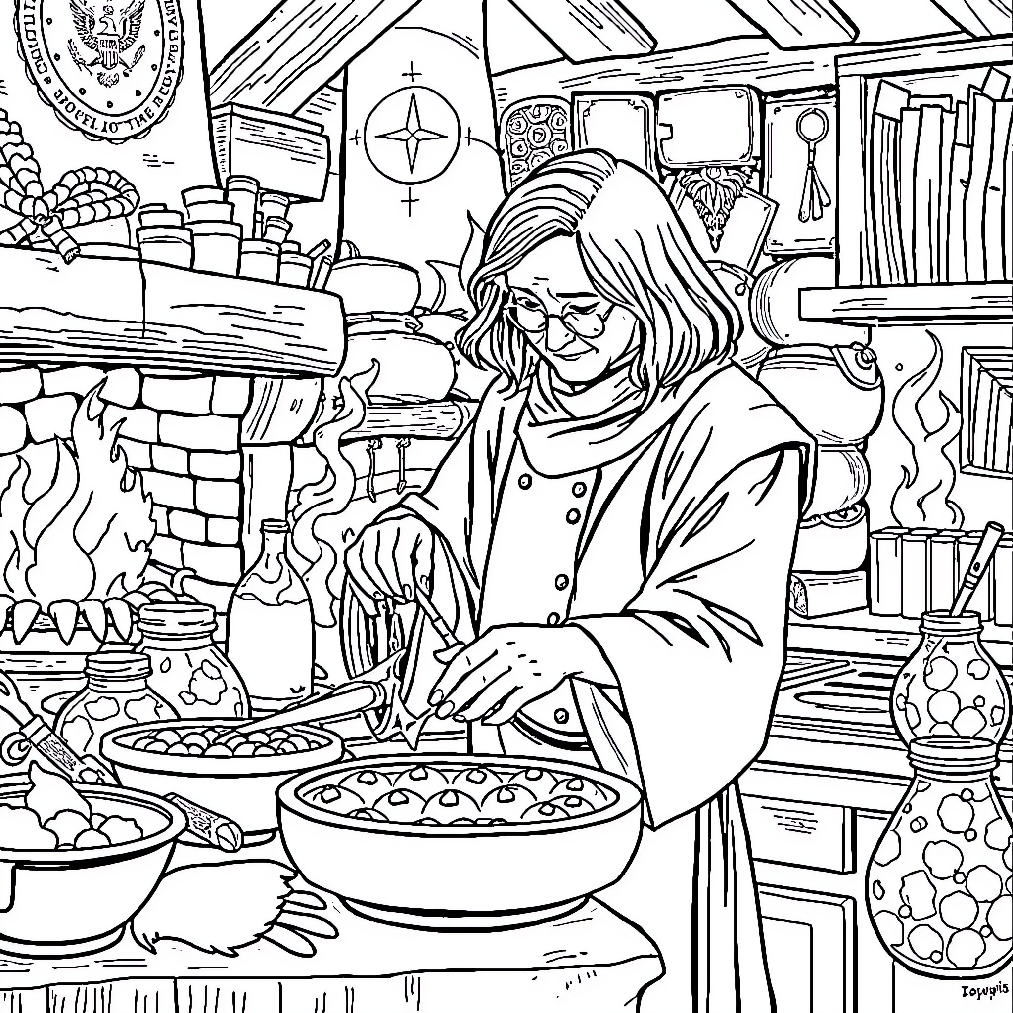 Professor Snape Brewing Potions in His Cozy Dungeon Lair Coloring Page (free black-and-white line drawing printable PDF for all, from beginners to advanced learners, including children, teens, adults, and seniors)