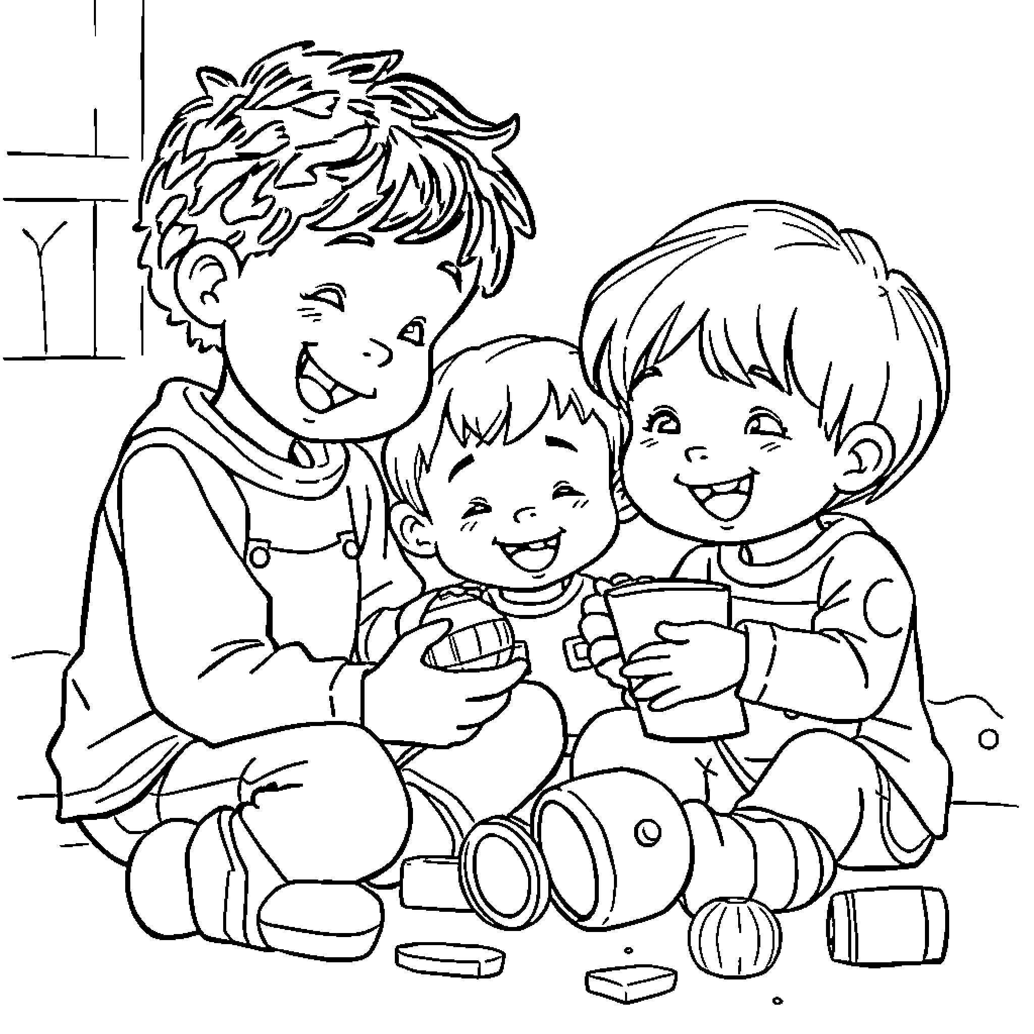 Kid siblings playing with toys Coloring Page (free black-and-white line drawing printable PDF for all, from beginners to advanced learners, including children, teens, adults, and seniors)