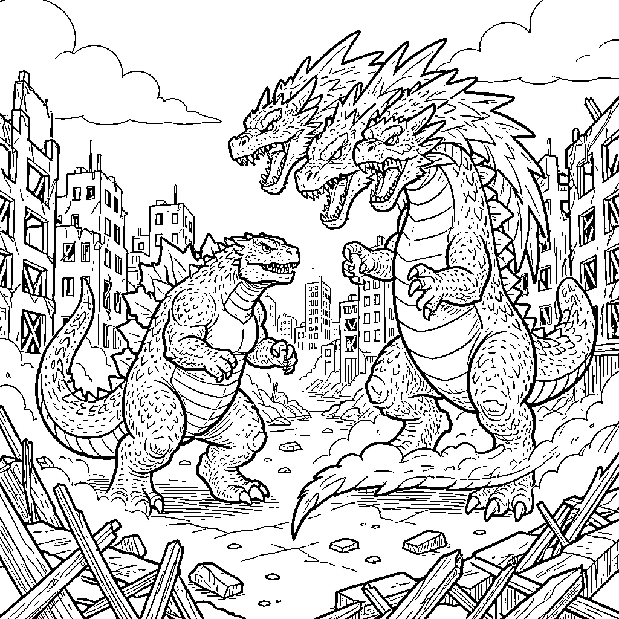 Godzilla battling a three-headed dragon in a city Coloring Page (free black-and-white line drawing printable PDF for all, from beginners to advanced learners, including children, teens, adults, and seniors)