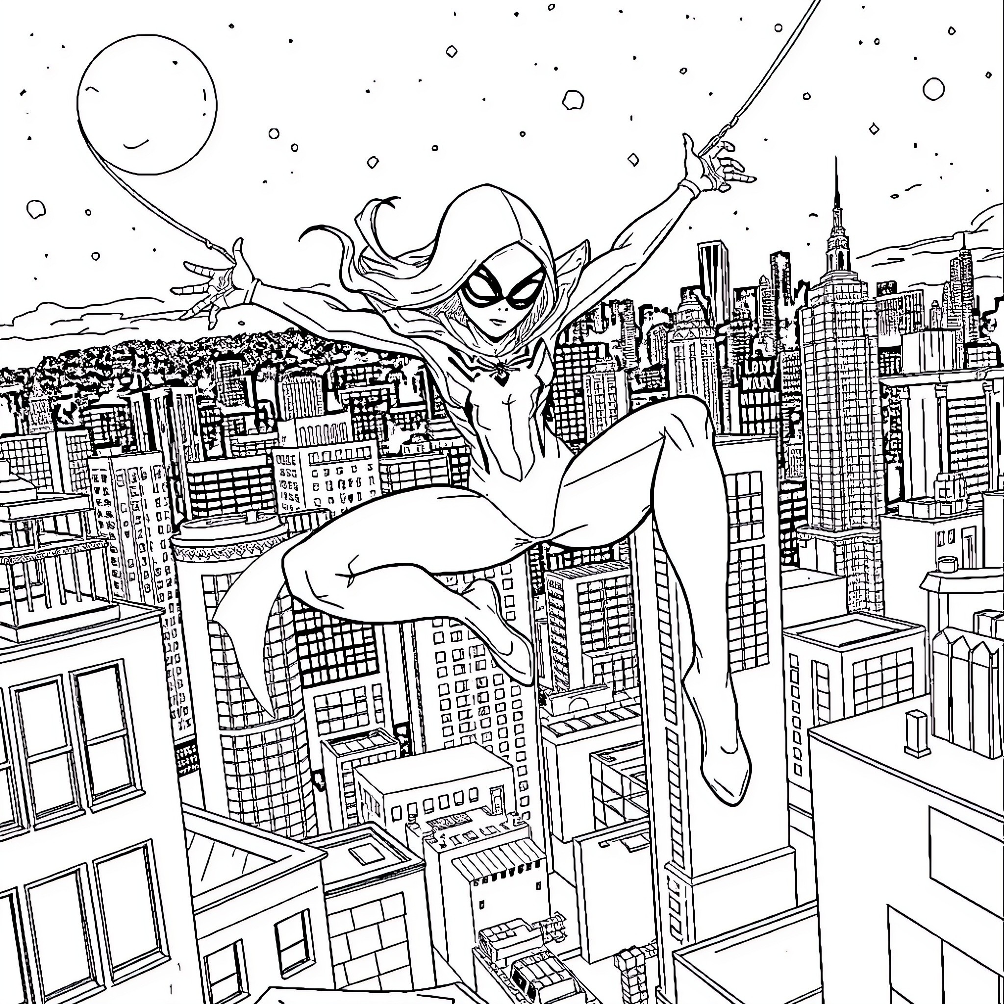 Ghostspider swinging through the city skyline Coloring Page (free black-and-white line drawing printable PDF for all, from beginners to advanced learners, including children, teens, adults, and seniors)