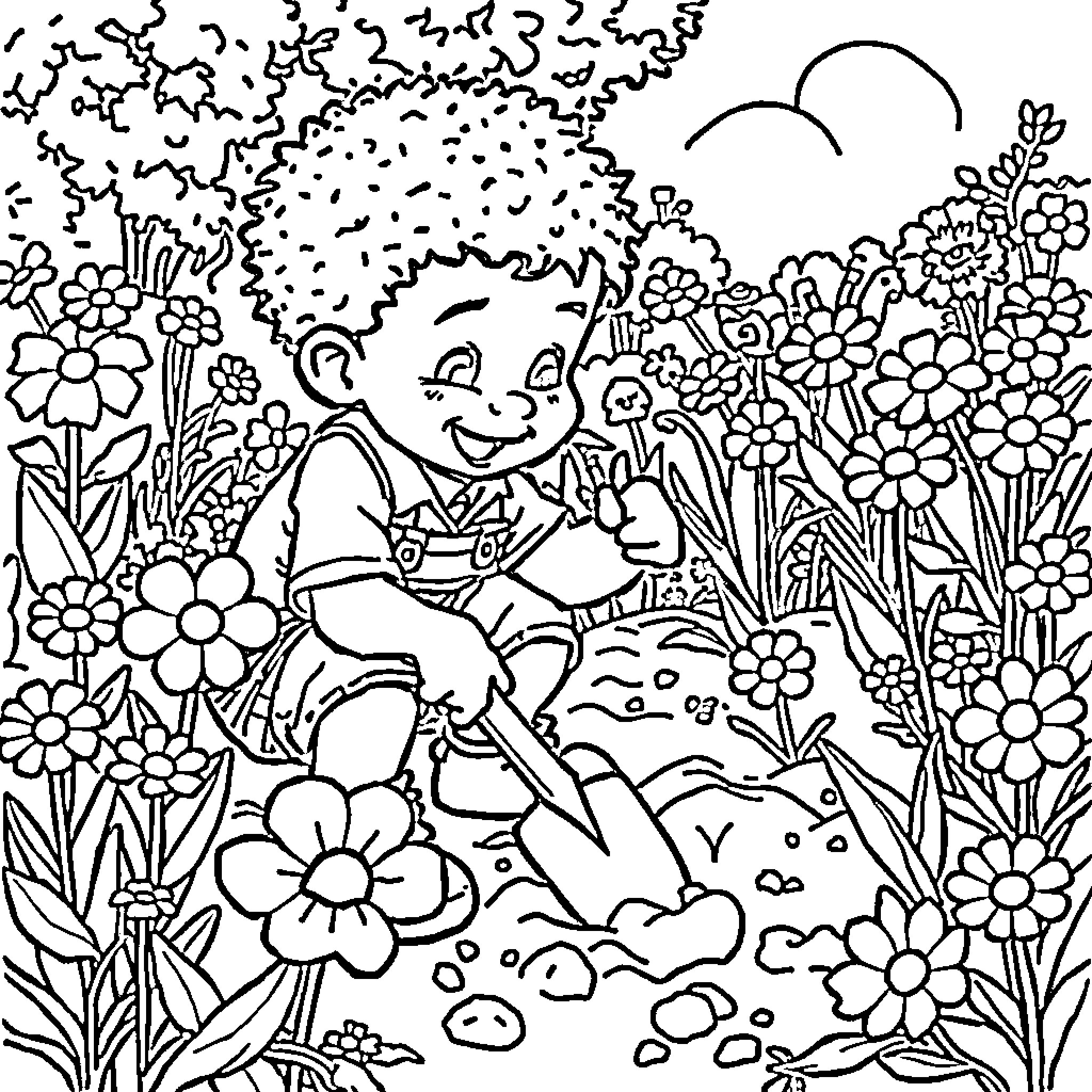 Boy playing joyfully in a lush flower garden Coloring Page (free black-and-white line drawing printable PDF for all, from beginners to advanced learners, including children, teens, adults, and seniors)