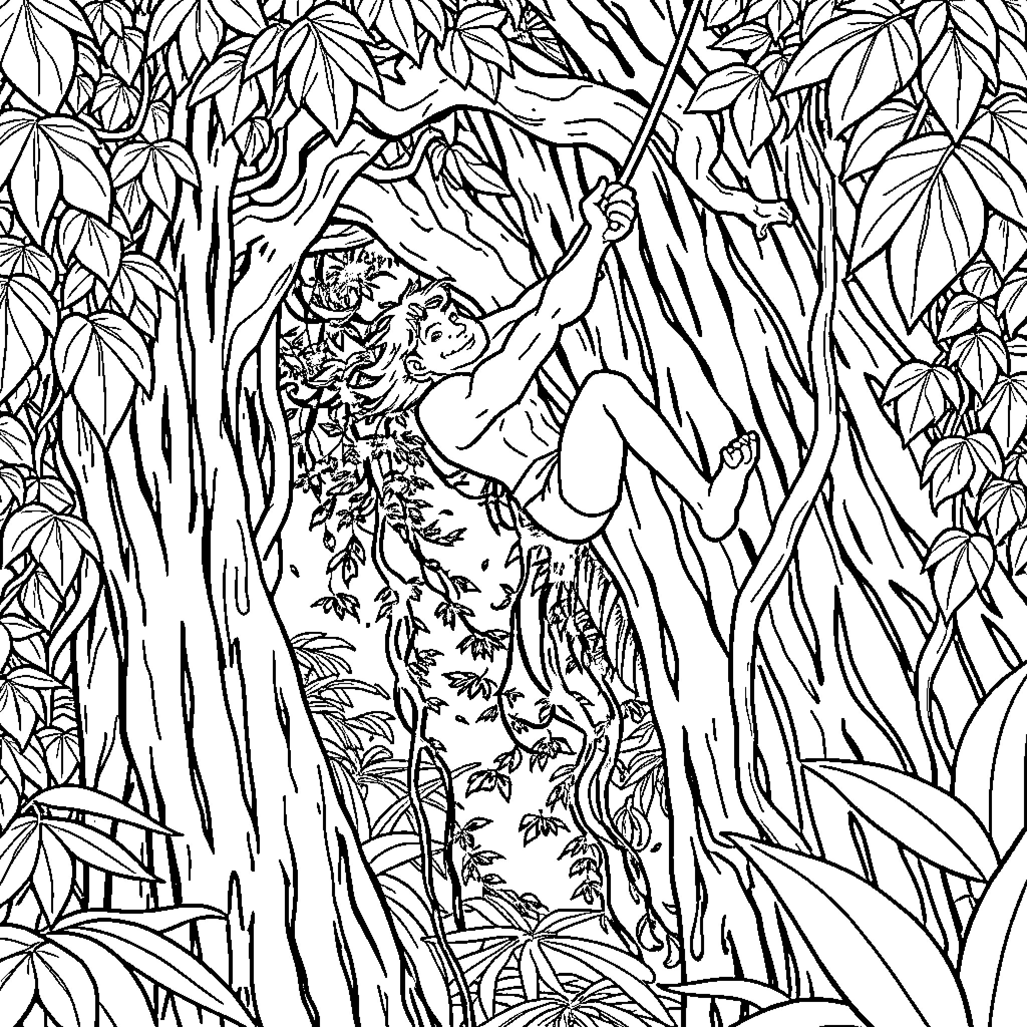 Tarzan swinging through the dense jungle Coloring Page (free black-and-white line drawing printable PDF for all, from beginners to advanced learners, including children, teens, adults, and seniors)