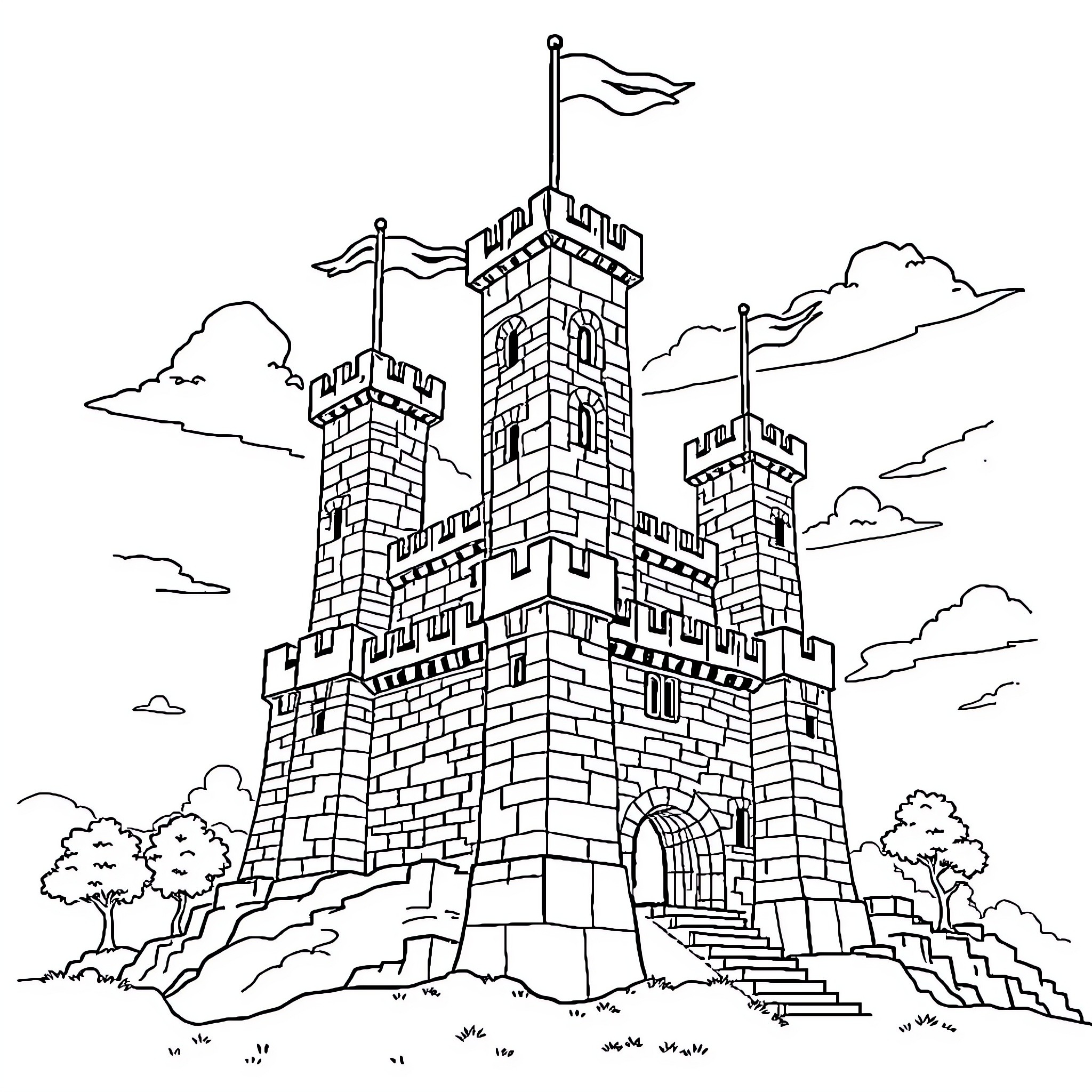 Castle with towers and flags on the hill Coloring Page (free black-and-white line drawing printable PDF for all, from beginners to advanced learners, including children, teens, adults, and seniors)