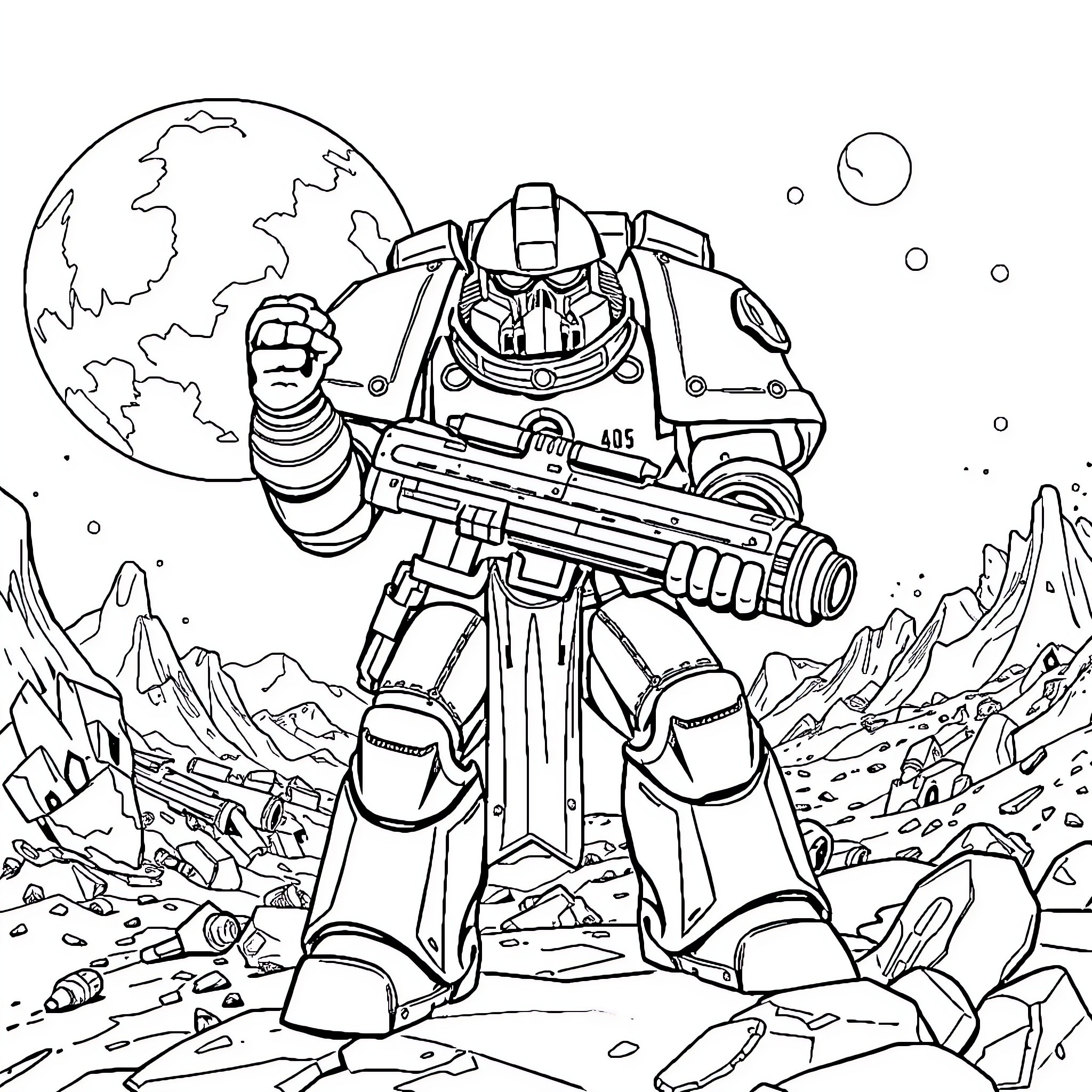 Salamander space explorer on an alien planet Coloring Page (free black-and-white line drawing printable PDF for all, from beginners to advanced learners, including children, teens, adults, and seniors)