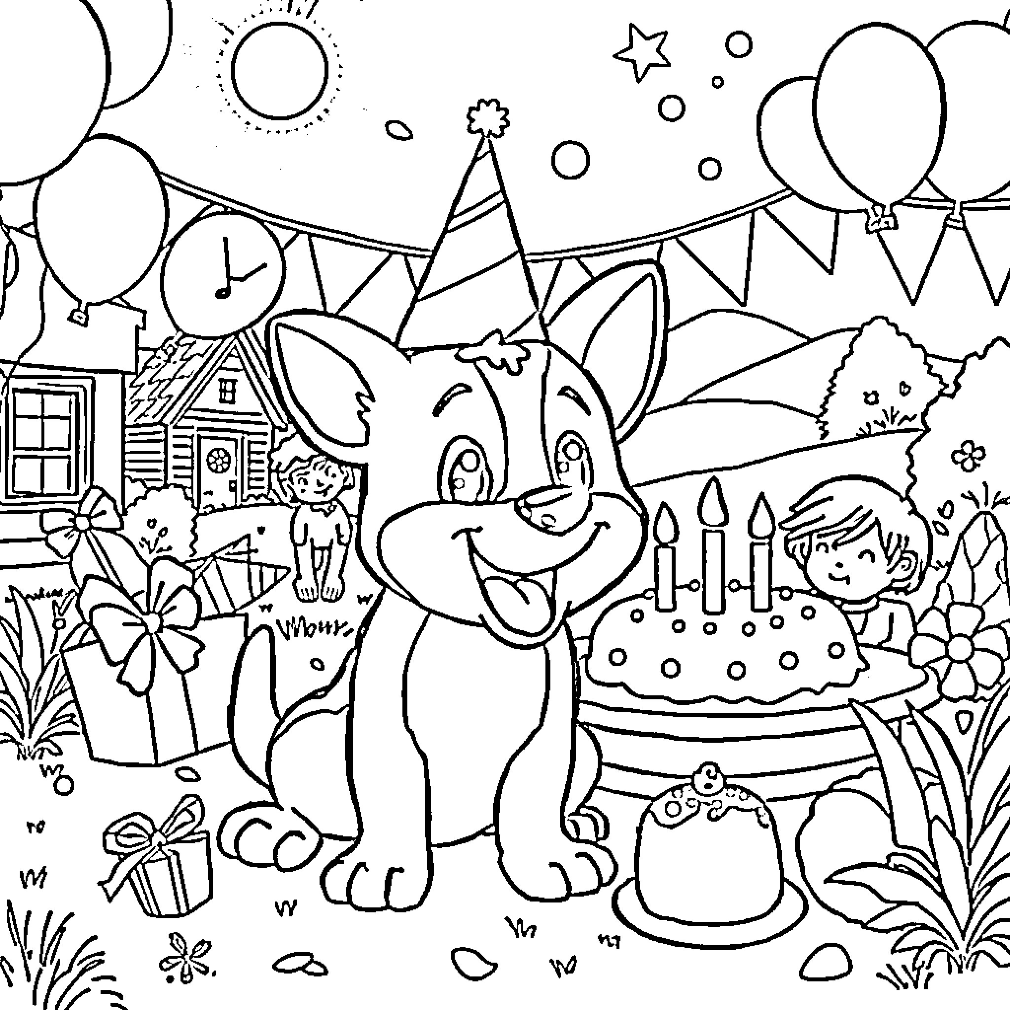 Bluey's Joyful Birthday Celebration Coloring Page (free black-and-white line drawing printable PDF for all, from beginners to advanced learners, including children, teens, adults, and seniors)