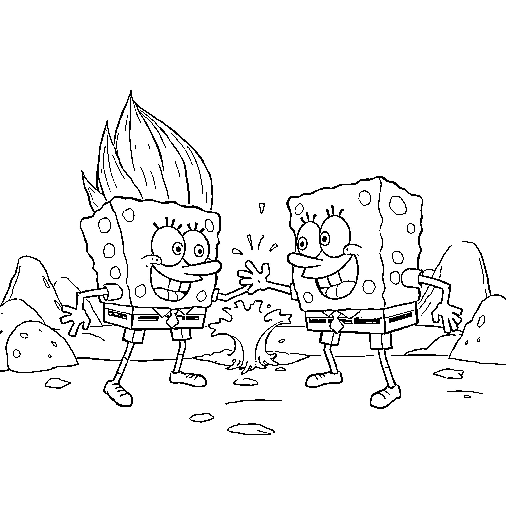 Bob esponja and friend playing happily in nature Coloring Page (free black-and-white line drawing printable PDF for all, from beginners to advanced learners, including children, teens, adults, and seniors)