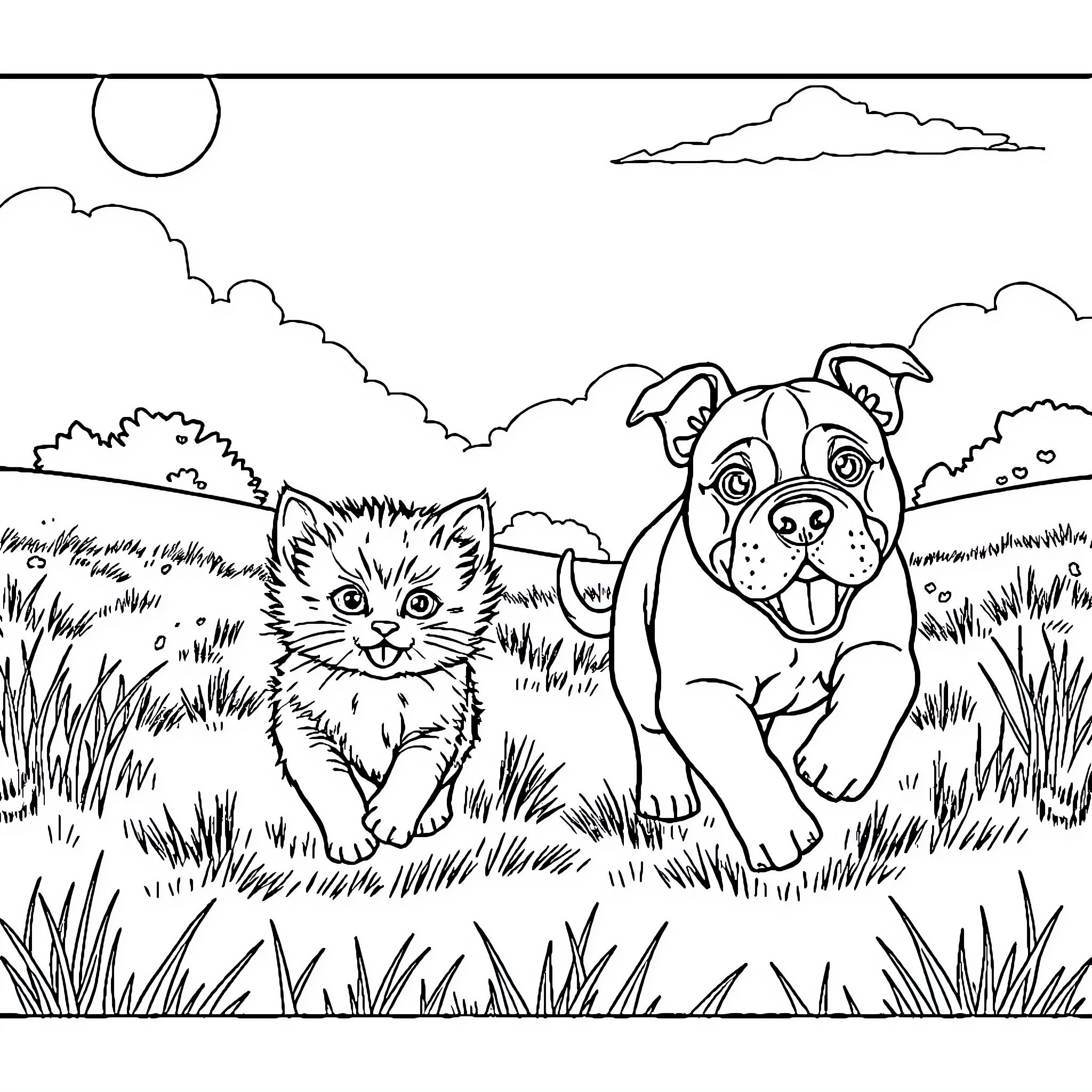 Kitten and puppy enjoying the outdoors Coloring Page (free black-and-white line drawing printable PDF for all, from beginners to advanced learners, including children, teens, adults, and seniors)