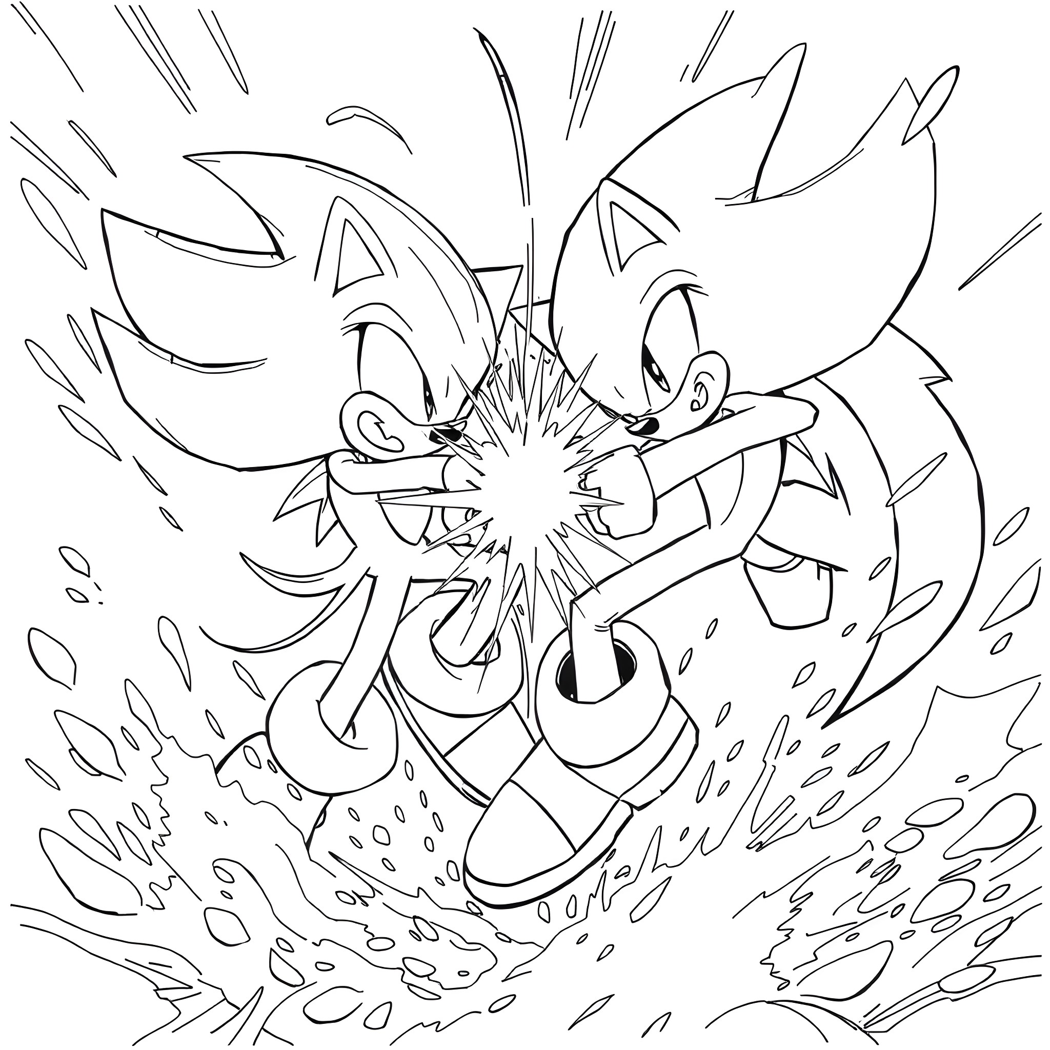 Sonic characters in dynamic motion Coloring Page (free black-and-white line drawing printable PDF for all, from beginners to advanced learners, including children, teens, adults, and seniors)