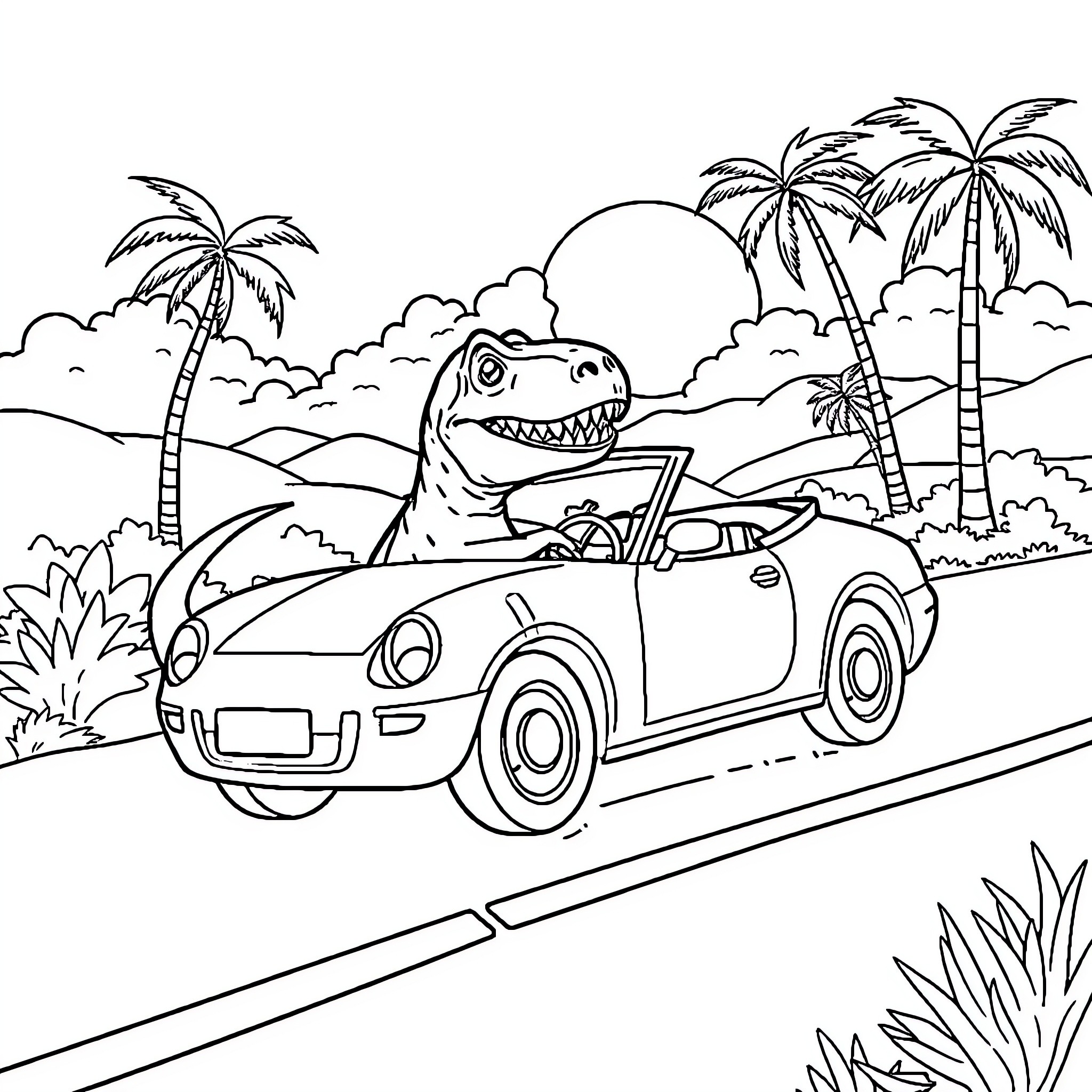 T-Rex driving convertible through tropical landscape Coloring Page (free black-and-white line drawing printable PDF for all, from beginners to advanced learners, including children, teens, adults, and seniors)