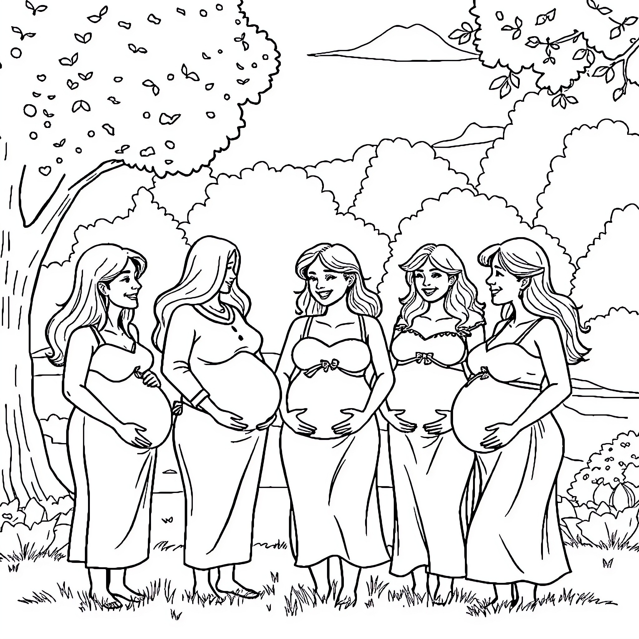 Pregnant Women Enjoying Nature Together Coloring Page (free black-and-white line drawing printable PDF for all, from beginners to advanced learners, including children, teens, adults, and seniors)