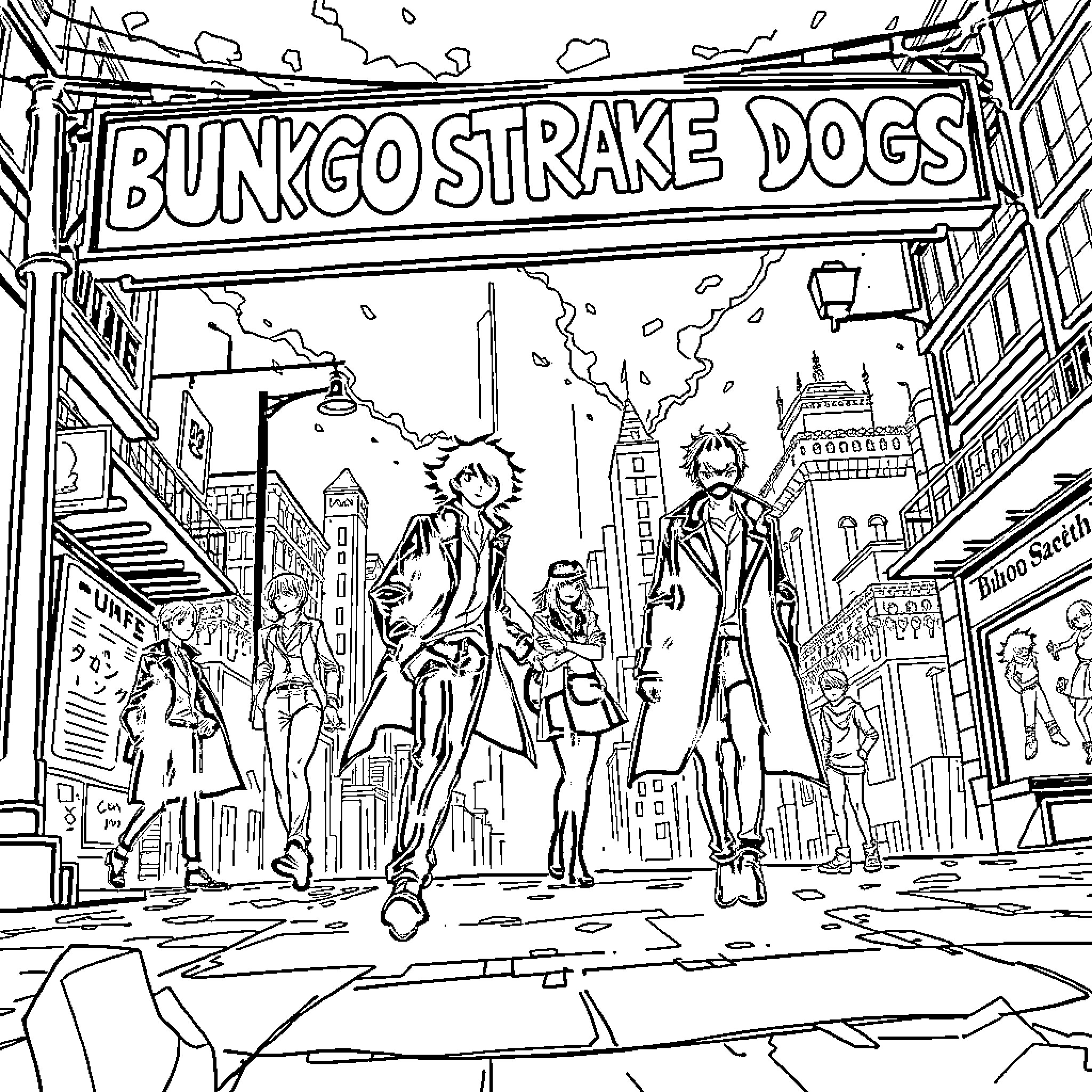 Bungo Stray Dogs - Characters Gathered in the City Coloring Page (free black-and-white line drawing printable PDF for all, from beginners to advanced learners, including children, teens, adults, and seniors)