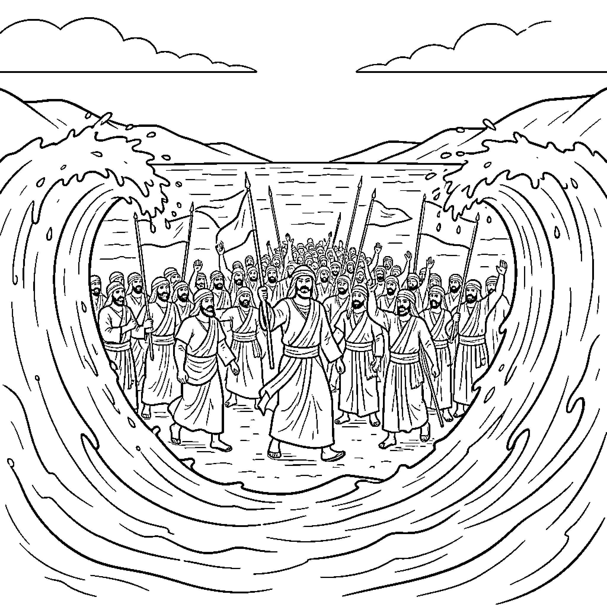 Moses Leads the Israelites Through the Parted Sea Coloring Page (free black-and-white line drawing printable PDF for all, from beginners to advanced learners, including children, teens, adults, and seniors)