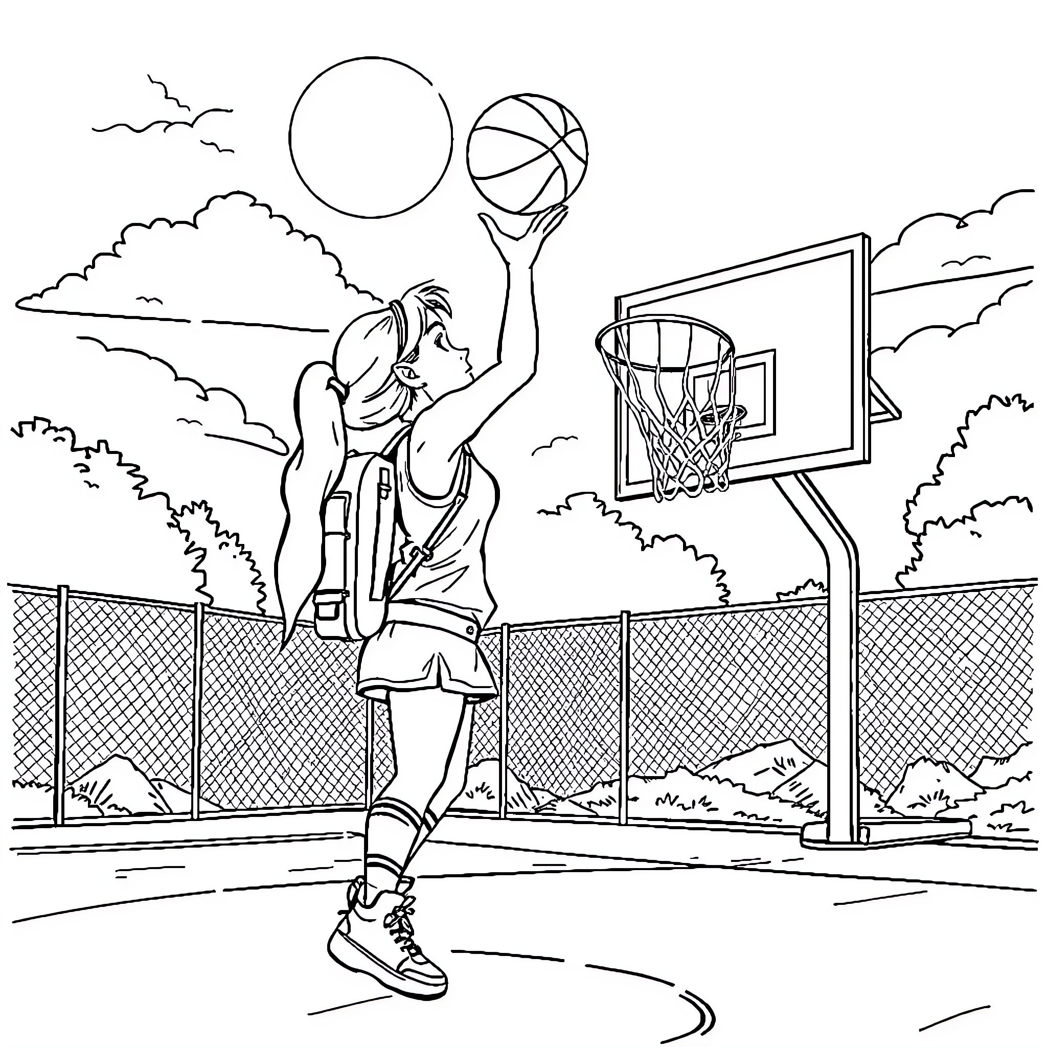 Zelda playing basketball on an outdoor court Coloring Page (free black-and-white line drawing printable PDF for all, from beginners to advanced learners, including children, teens, adults, and seniors)