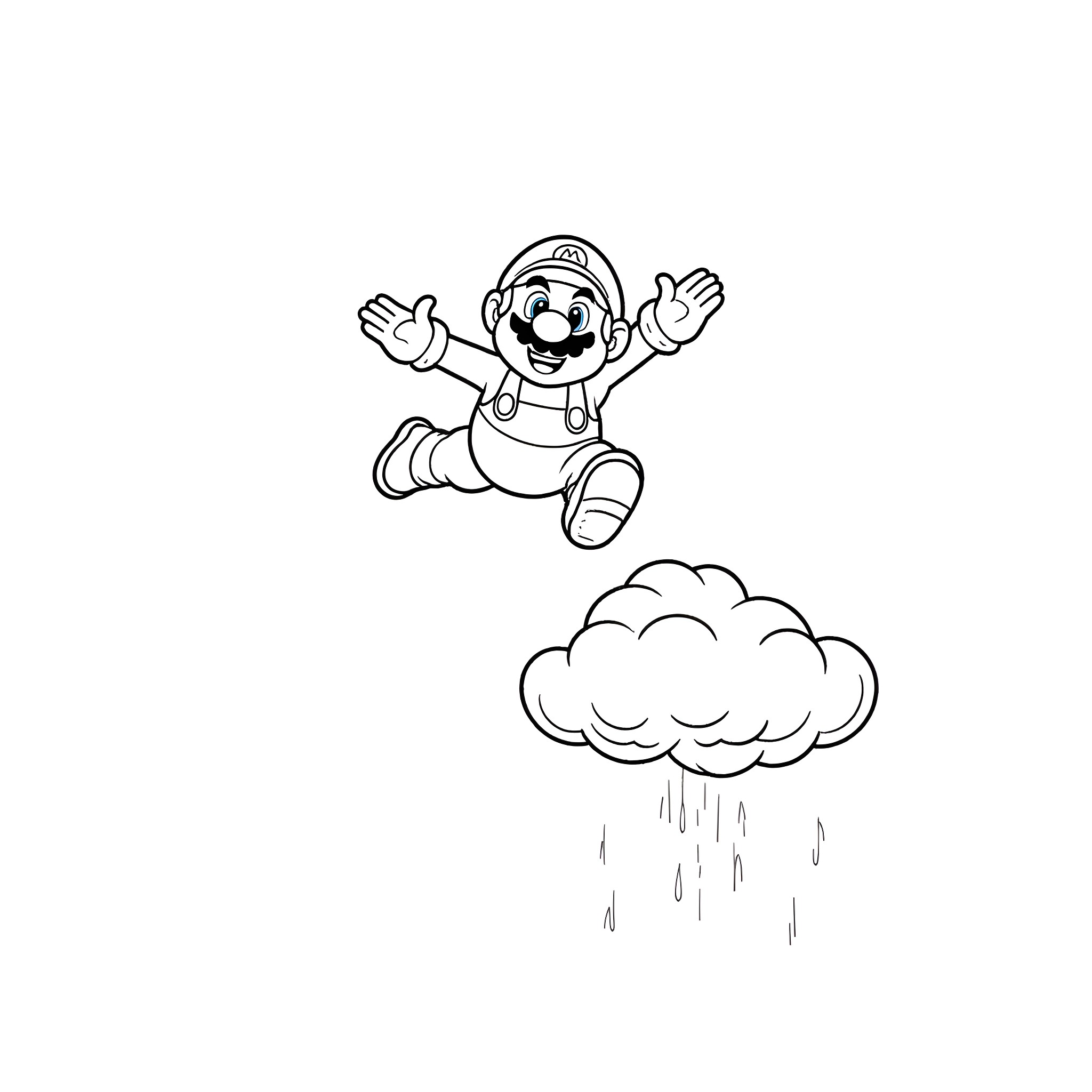 Super Mario jumping happily through the clouds Coloring Page (free black-and-white line drawing printable PDF for all, from beginners to advanced learners, including children, teens, adults, and seniors)