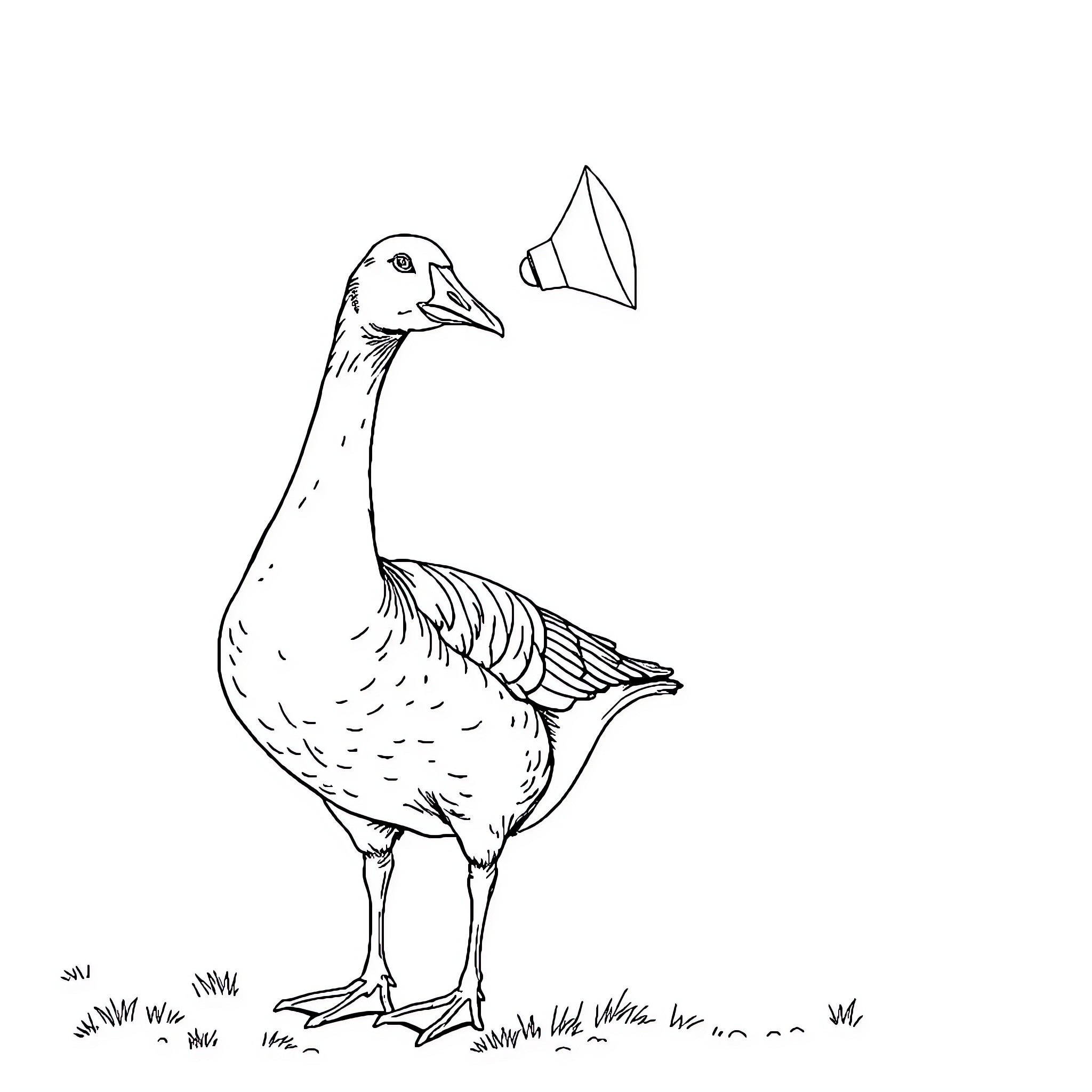 Goose standing with curious expression Coloring Page (free black-and-white line drawing printable PDF for all, from beginners to advanced learners, including children, teens, adults, and seniors)