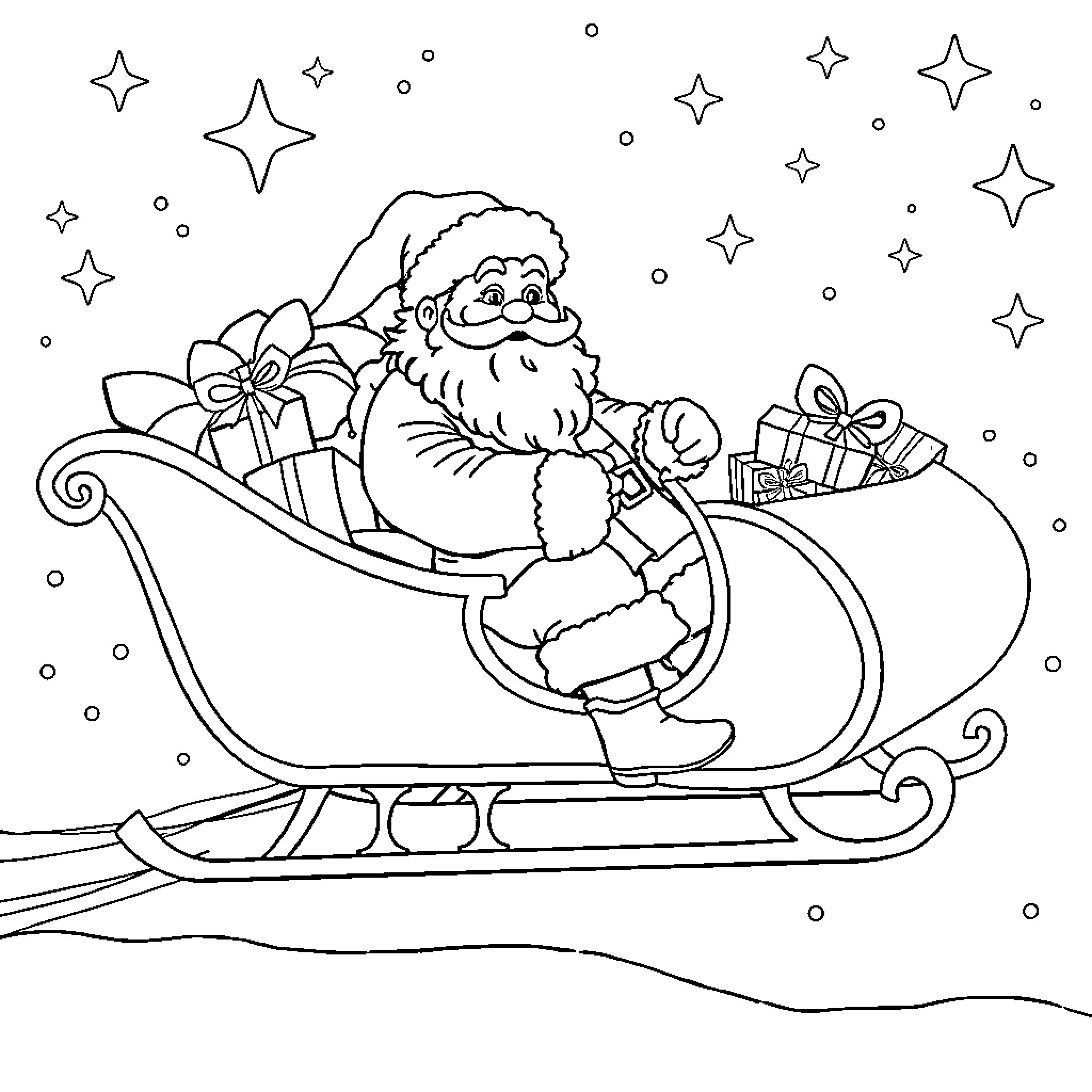 Santa's Sleigh Filled with Gifts and Surrounded by Stars Coloring Page (free black-and-white line drawing printable PDF for all, from beginners to advanced learners, including children, teens, adults, and seniors)