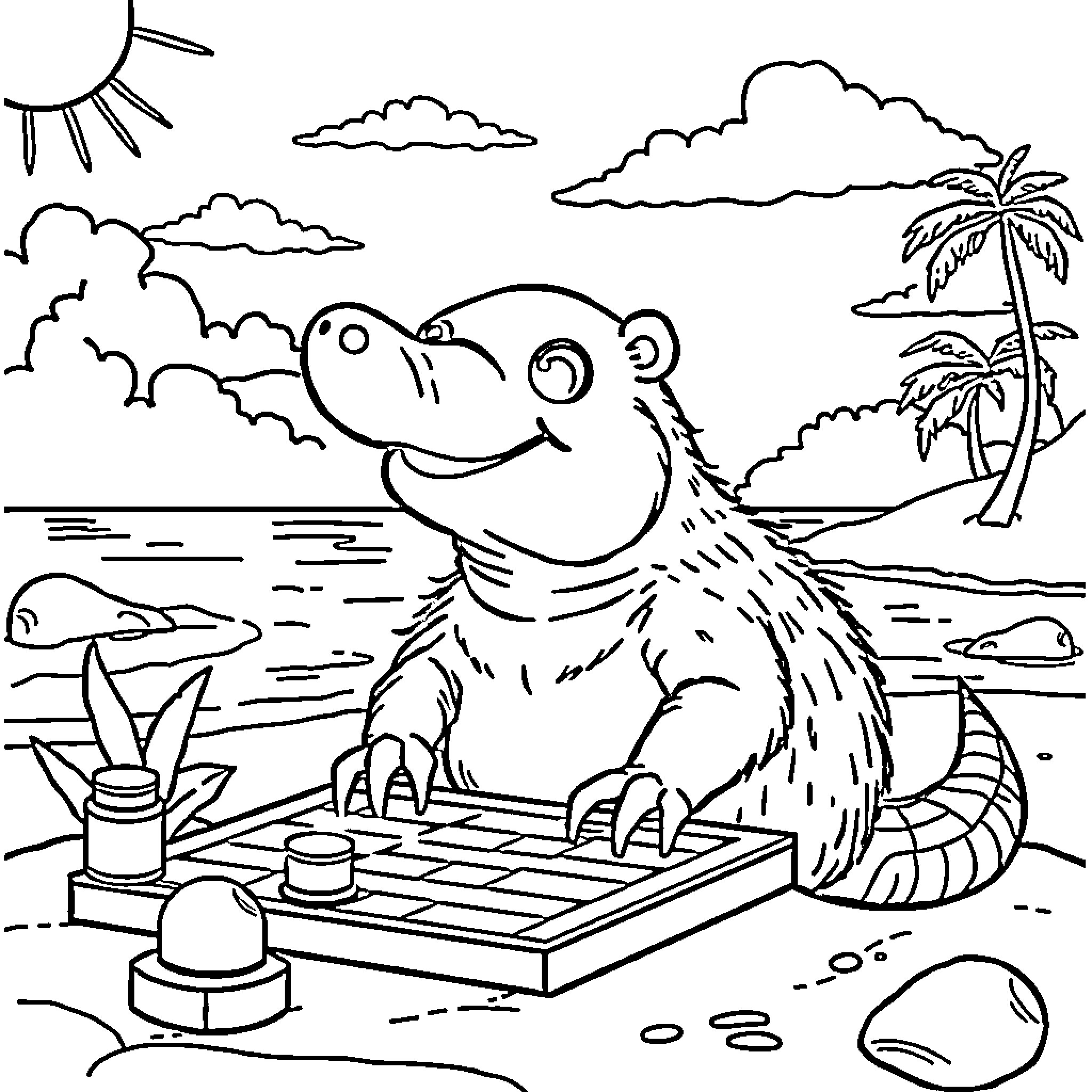 Platypus relaxing on a beach chair Coloring Page (free black-and-white line drawing printable PDF for all, from beginners to advanced learners, including children, teens, adults, and seniors)