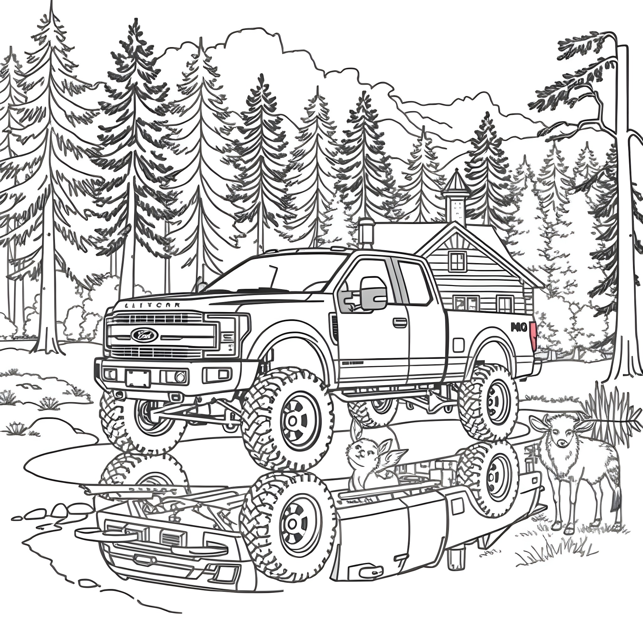 Truck on Off-Road Terrain in Forest Wilderness Coloring Page (free black-and-white line drawing printable PDF for all, from beginners to advanced learners, including children, teens, adults, and seniors)