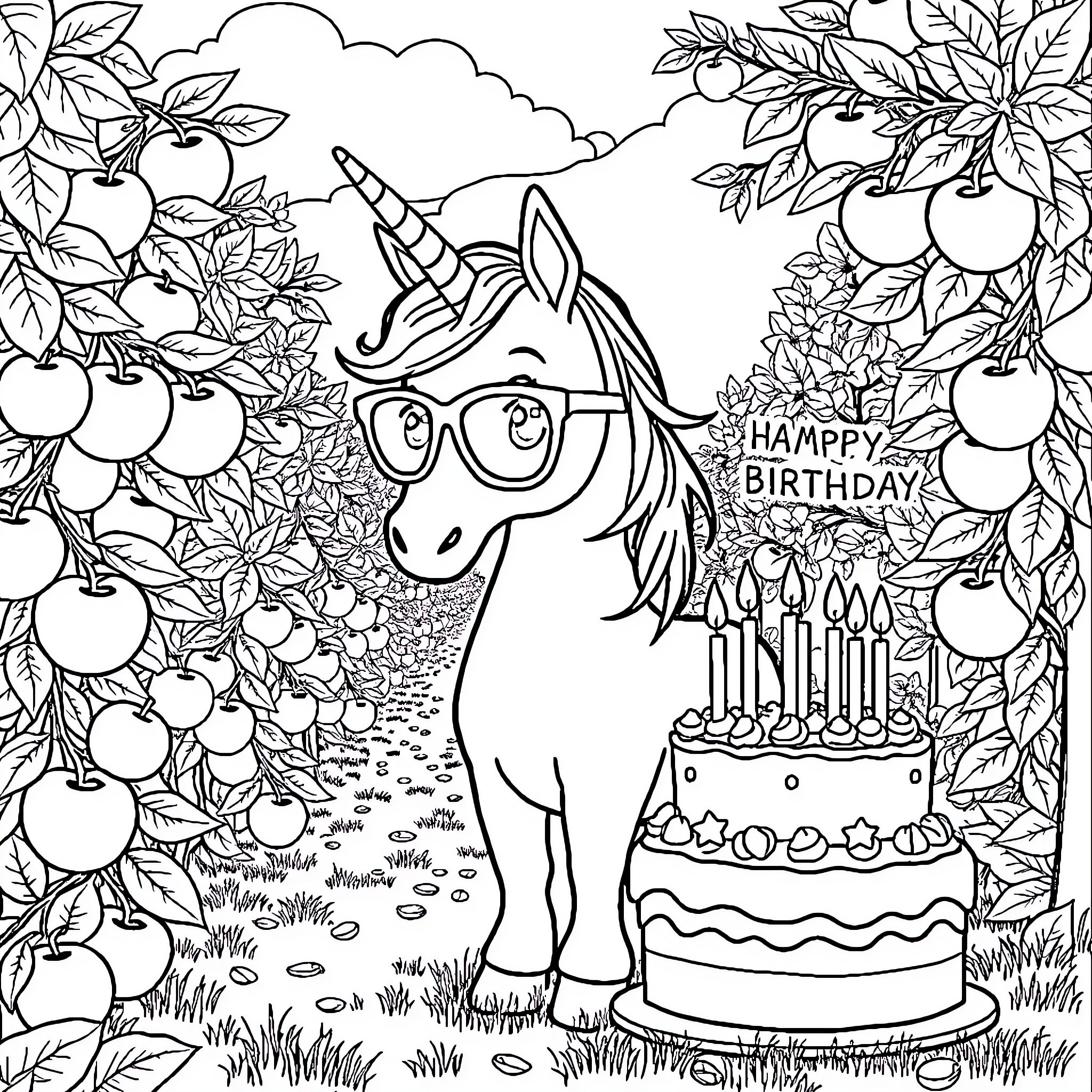 Unicorn celebrating a happy birthday in a fruit orchard Coloring Page (free black-and-white line drawing printable PDF for all, from beginners to advanced learners, including children, teens, adults, and seniors)