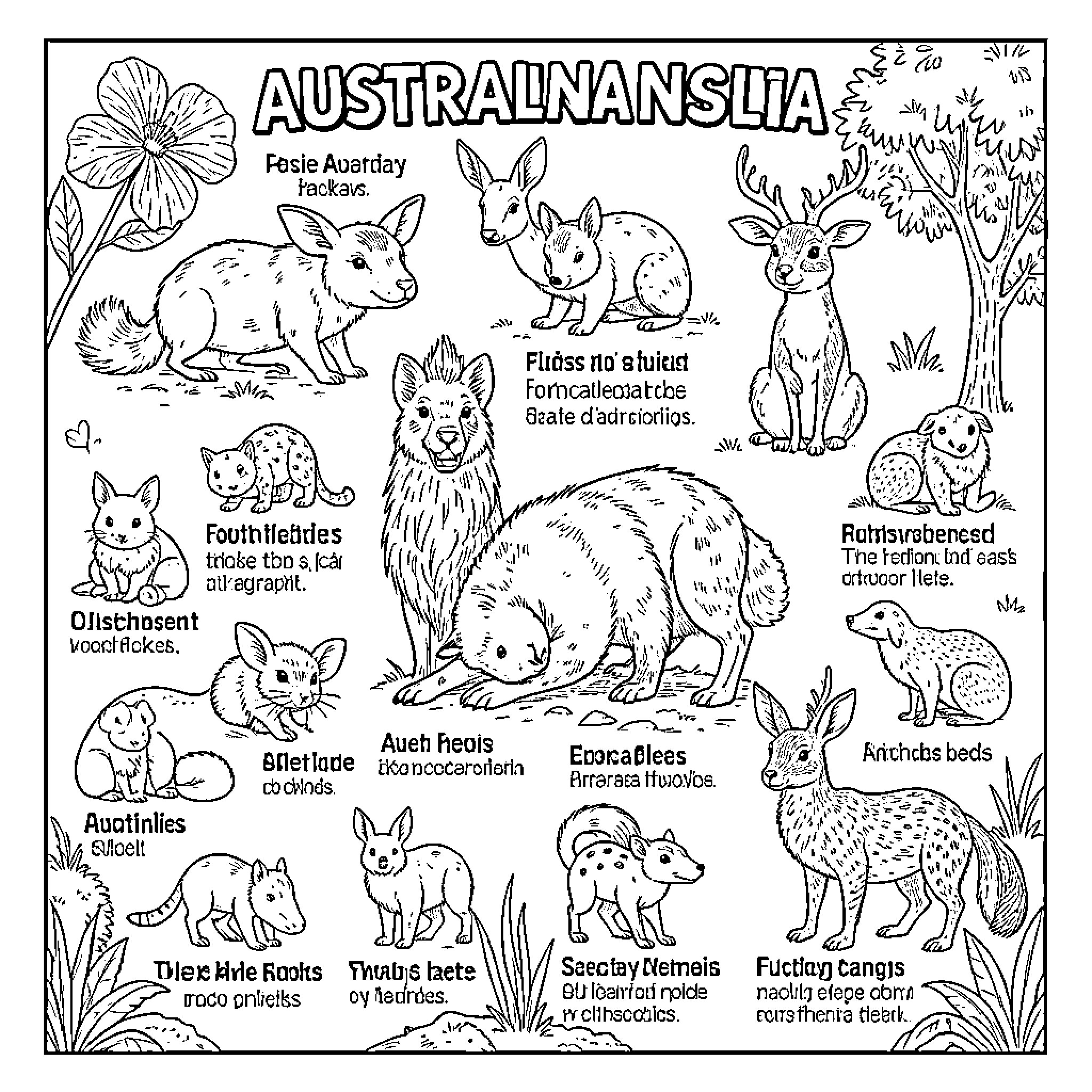 Aussie Animal collection featuring various creatures in nature Coloring Page (free black-and-white line drawing printable PDF for all, from beginners to advanced learners, including children, teens, adults, and seniors)