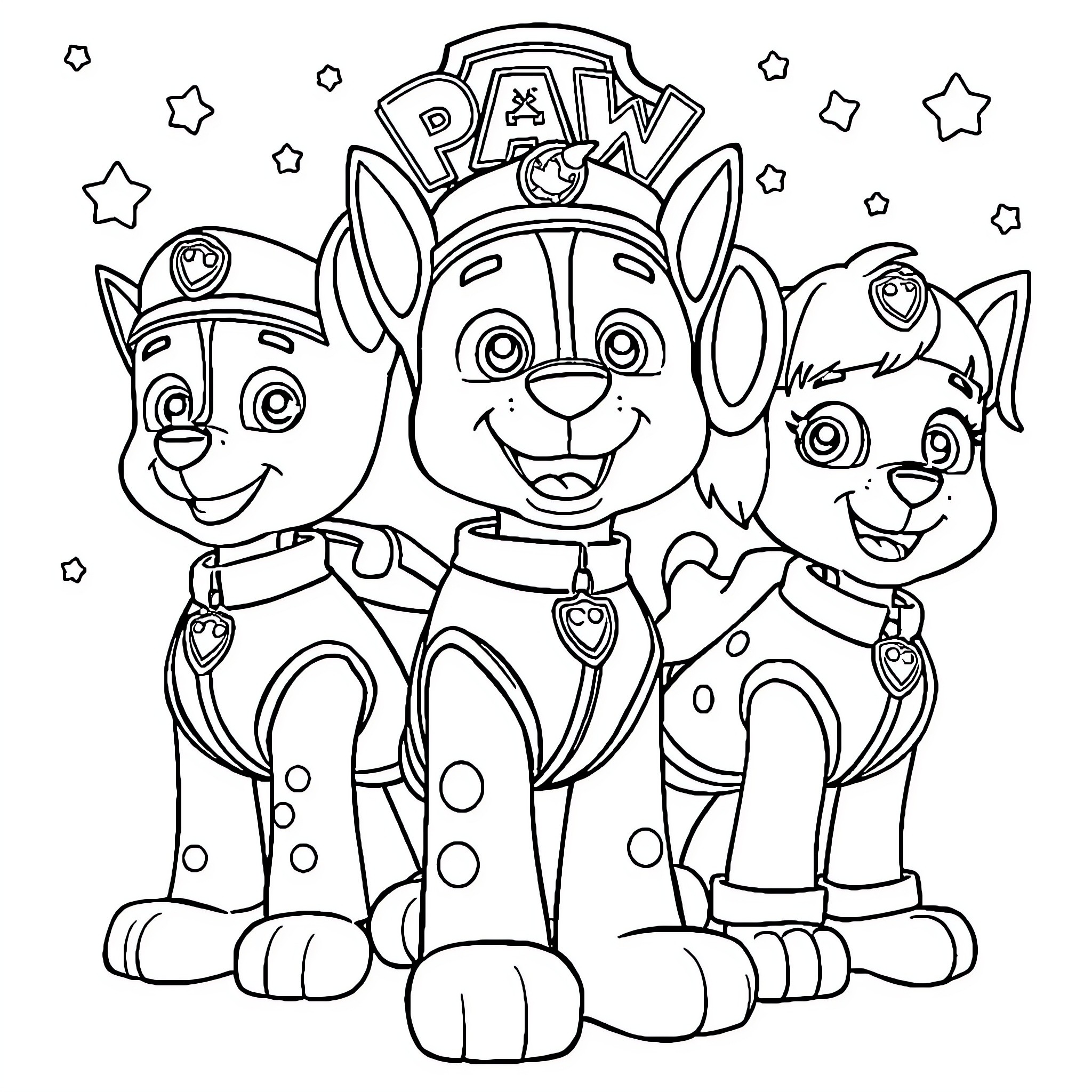 Paw Patrol Puppies Posing Together Coloring Page (free black-and-white line drawing printable PDF for all, from beginners to advanced learners, including children, teens, adults, and seniors)