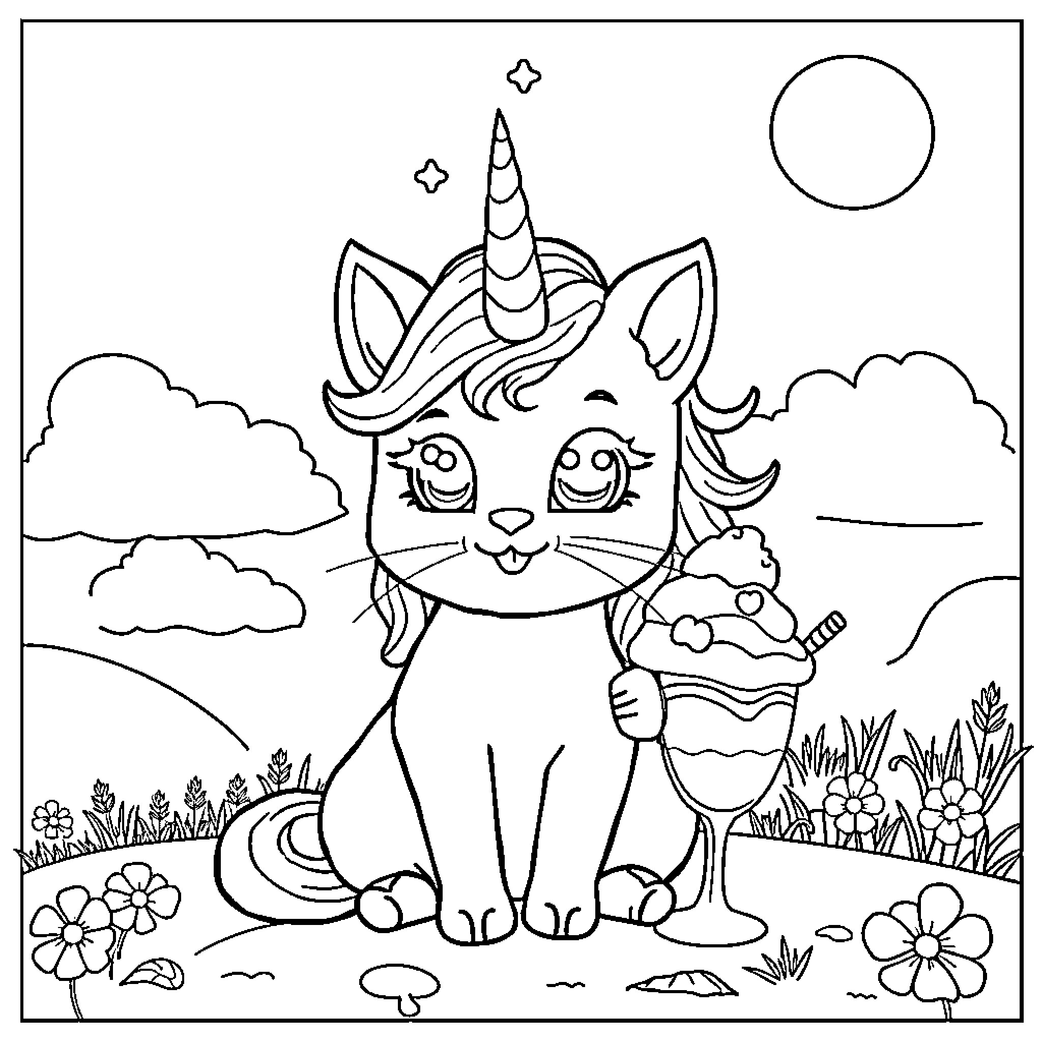 Unicorn Cat enjoying cupcake in enchanted meadow Coloring Page (free black-and-white line drawing printable PDF for all, from beginners to advanced learners, including children, teens, adults, and seniors)