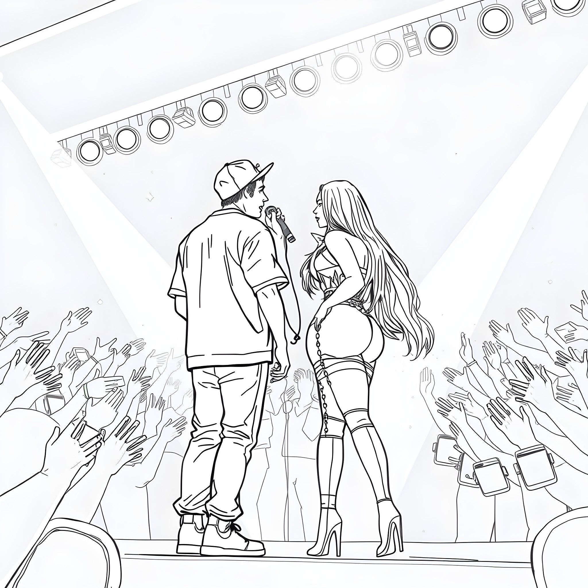 Justin Bieber and companion on concert stage Coloring Page (free black-and-white line drawing printable PDF for all, from beginners to advanced learners, including children, teens, adults, and seniors)