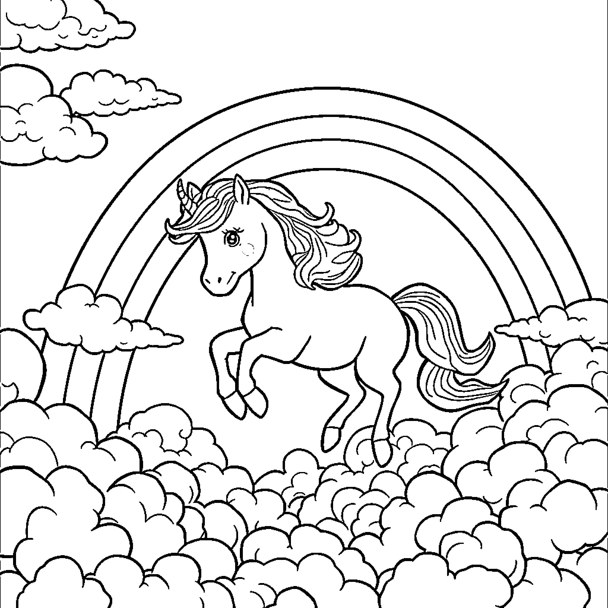 Unicorn soaring through the clouds under a rainbow Coloring Page (free black-and-white line drawing printable PDF for all, from beginners to advanced learners, including children, teens, adults, and seniors)