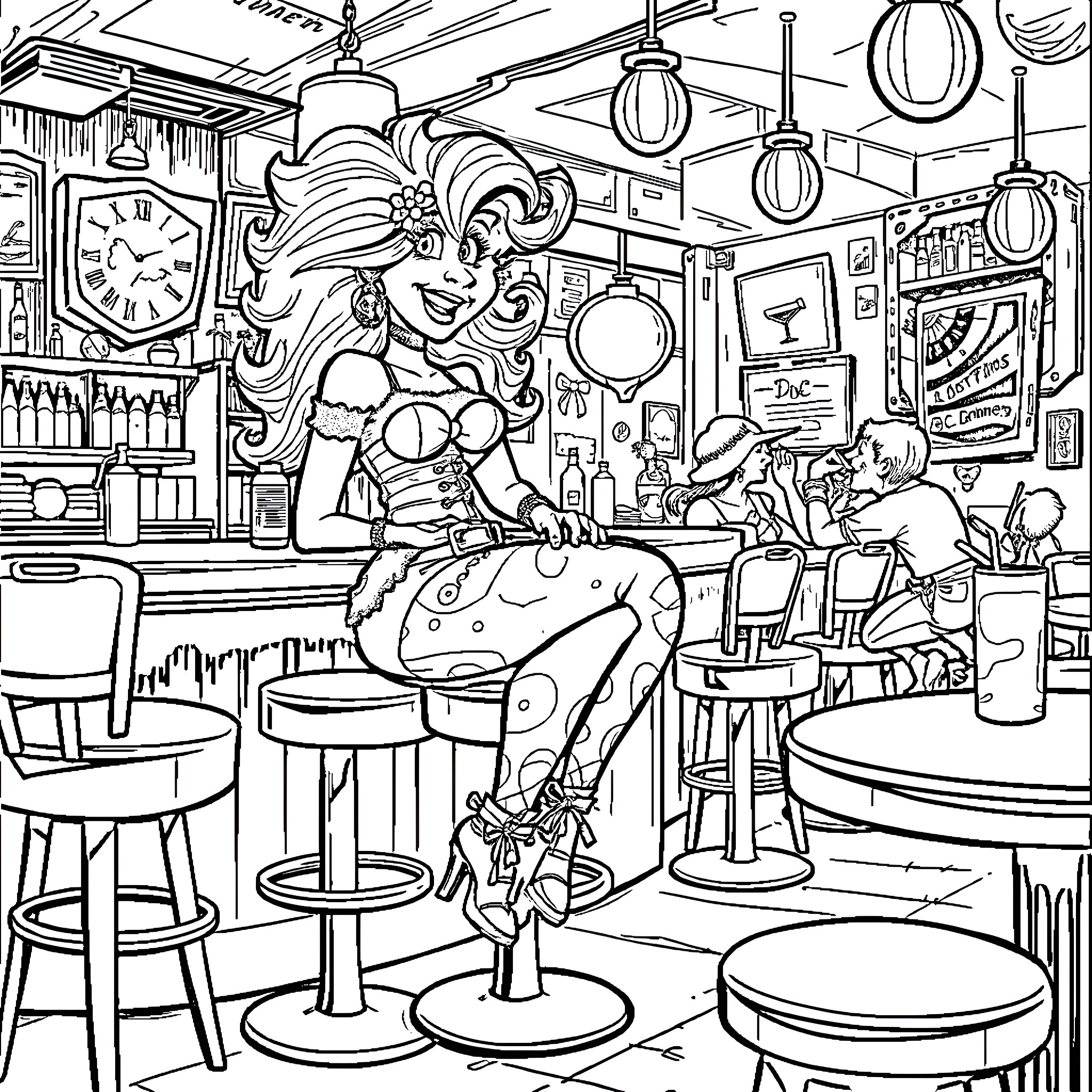 Tammy's Funky Diner Adventure Coloring Page (free black-and-white line drawing printable PDF for all, from beginners to advanced learners, including children, teens, adults, and seniors)