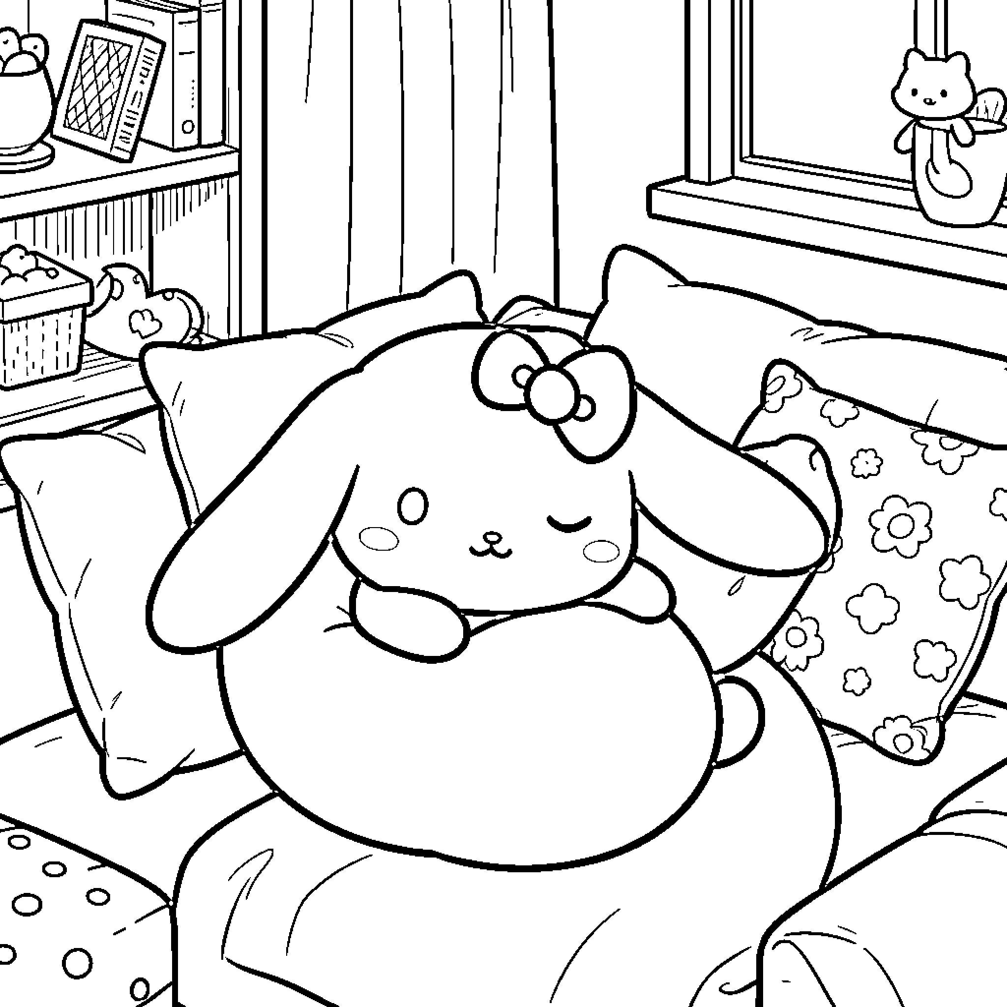 Cinnamoroll relaxing comfortably in cozy bedroom Coloring Page (free black-and-white line drawing printable PDF for all, from beginners to advanced learners, including children, teens, adults, and seniors)