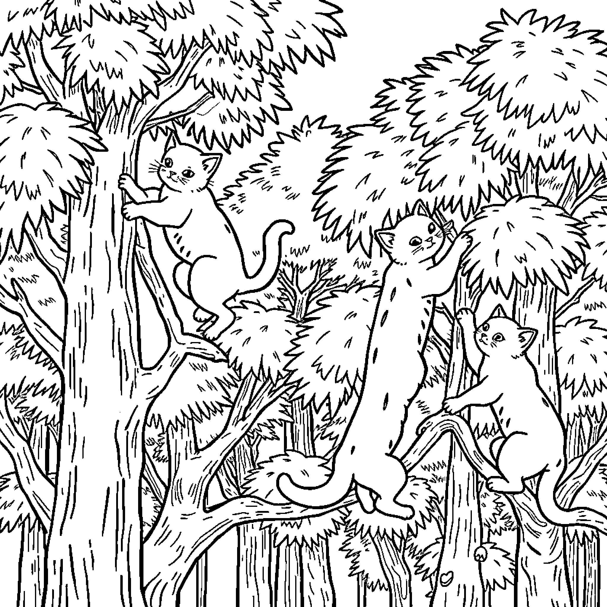 Cat family exploring the forest Coloring Page (free black-and-white line drawing printable PDF for all, from beginners to advanced learners, including children, teens, adults, and seniors)