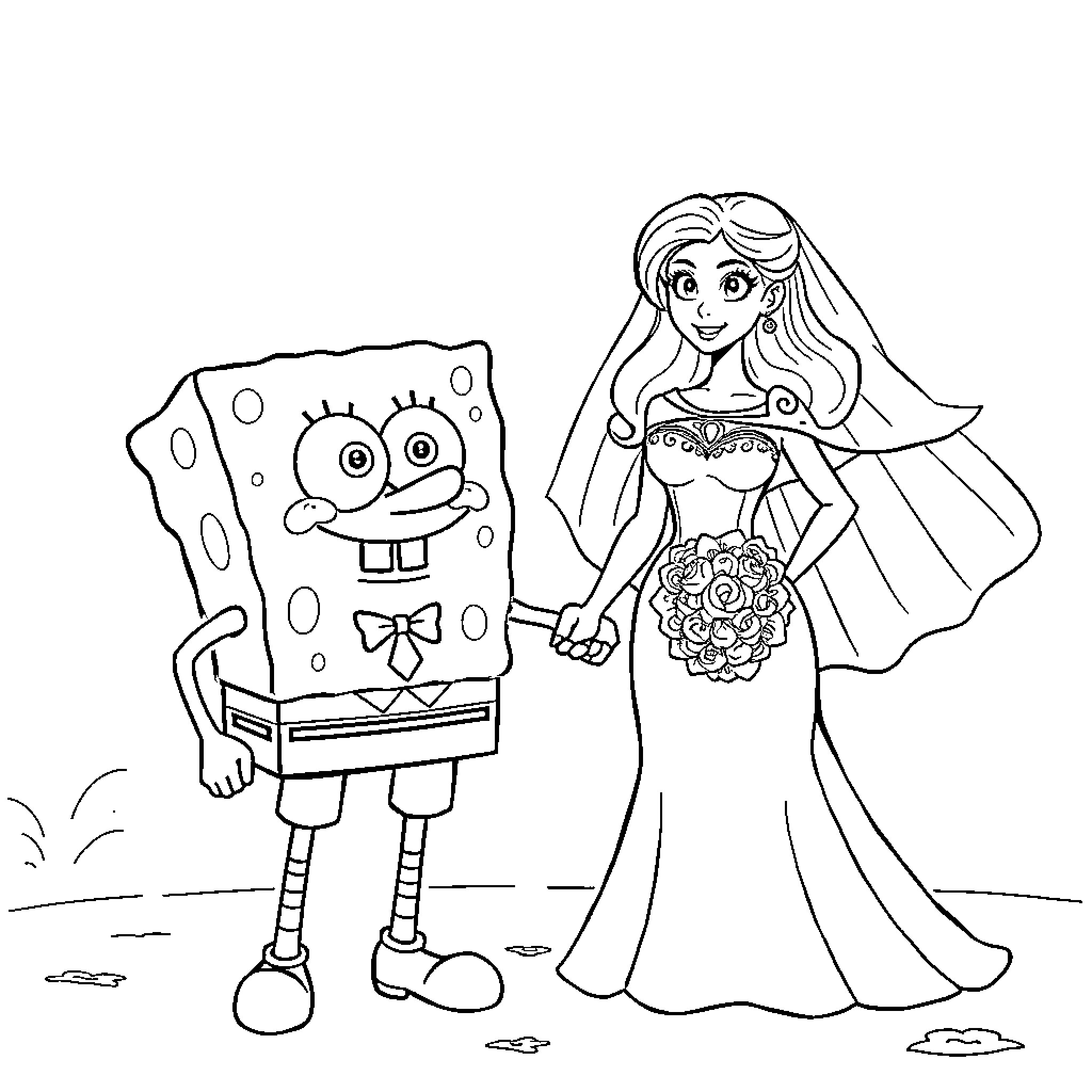 Spongebob and bride character in wedding attire Coloring Page (free black-and-white line drawing printable PDF for all, from beginners to advanced learners, including children, teens, adults, and seniors)